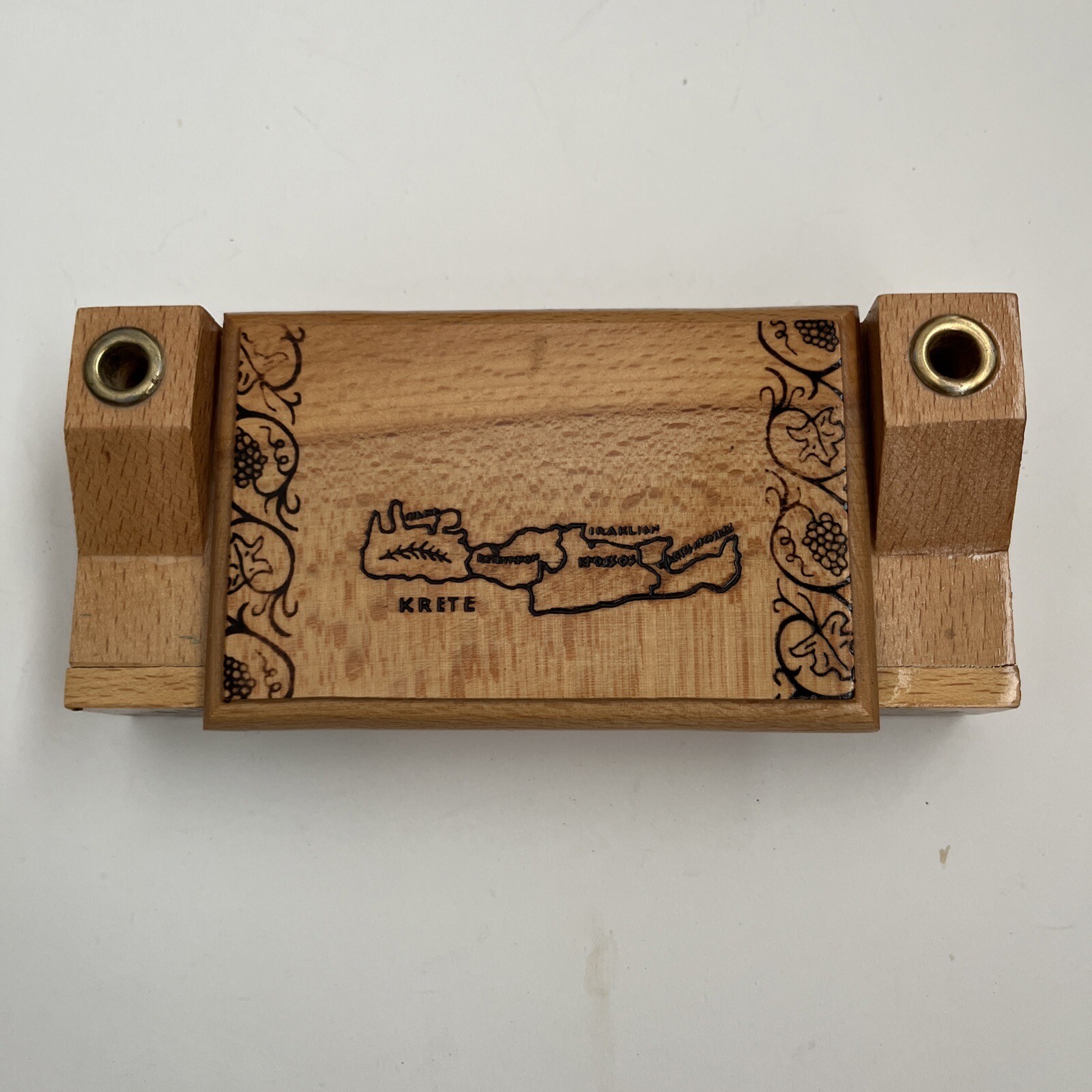 Greek Wooden Pen And Trinkets Holder Crete Island Greece Flowers Designs
