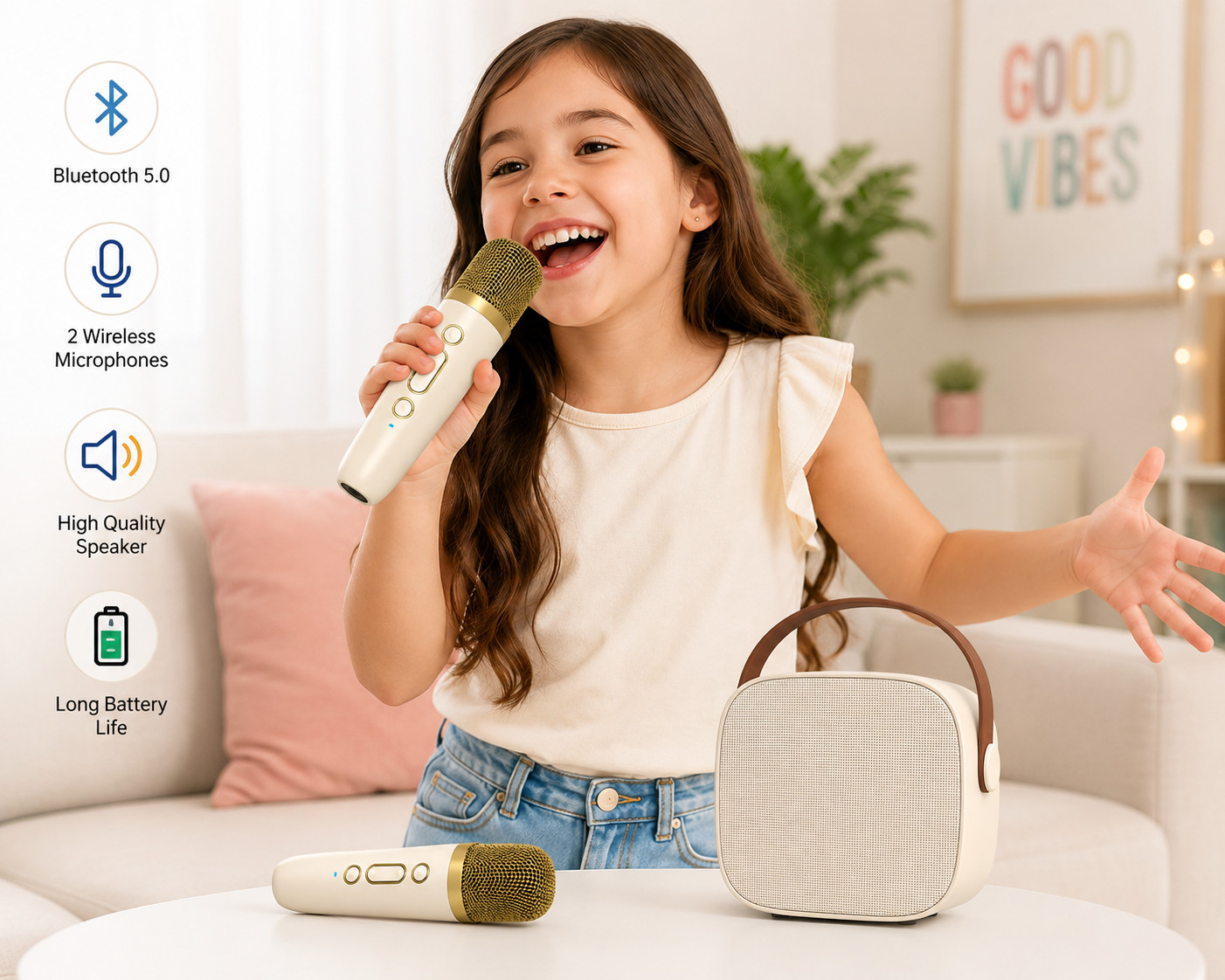 Mini Karaoke Machine with 2 Wireless Microphones & Portable Bluetooth Speaker