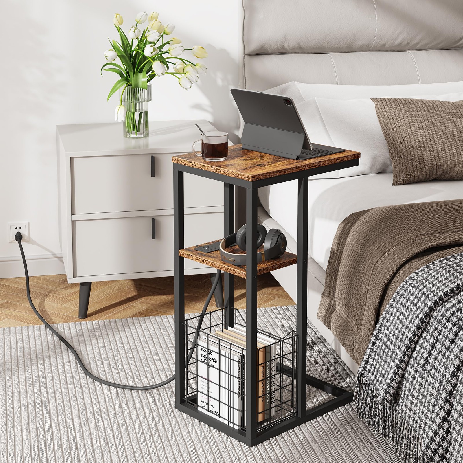C Shaped End Table Charging Station Side Couch 28 Inch High Rustic Brown