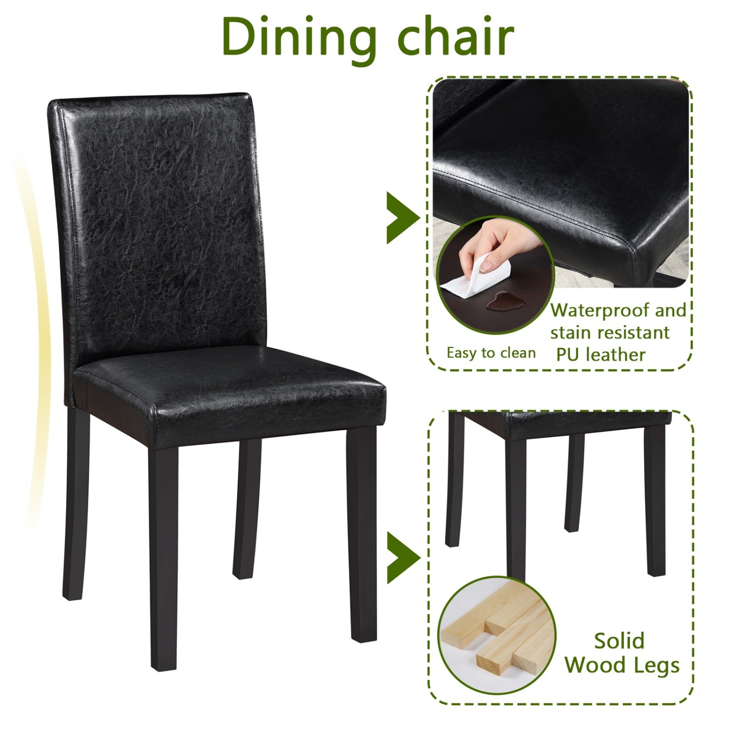 5 Piece Dining Table Set Wood Square Dining Table & 4 PU Upholstered Chair Black