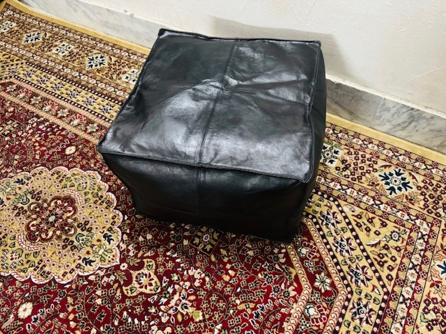 20 Inch Black Leather Pouf Ottoman – Authentic Moroccan Boho Footstool