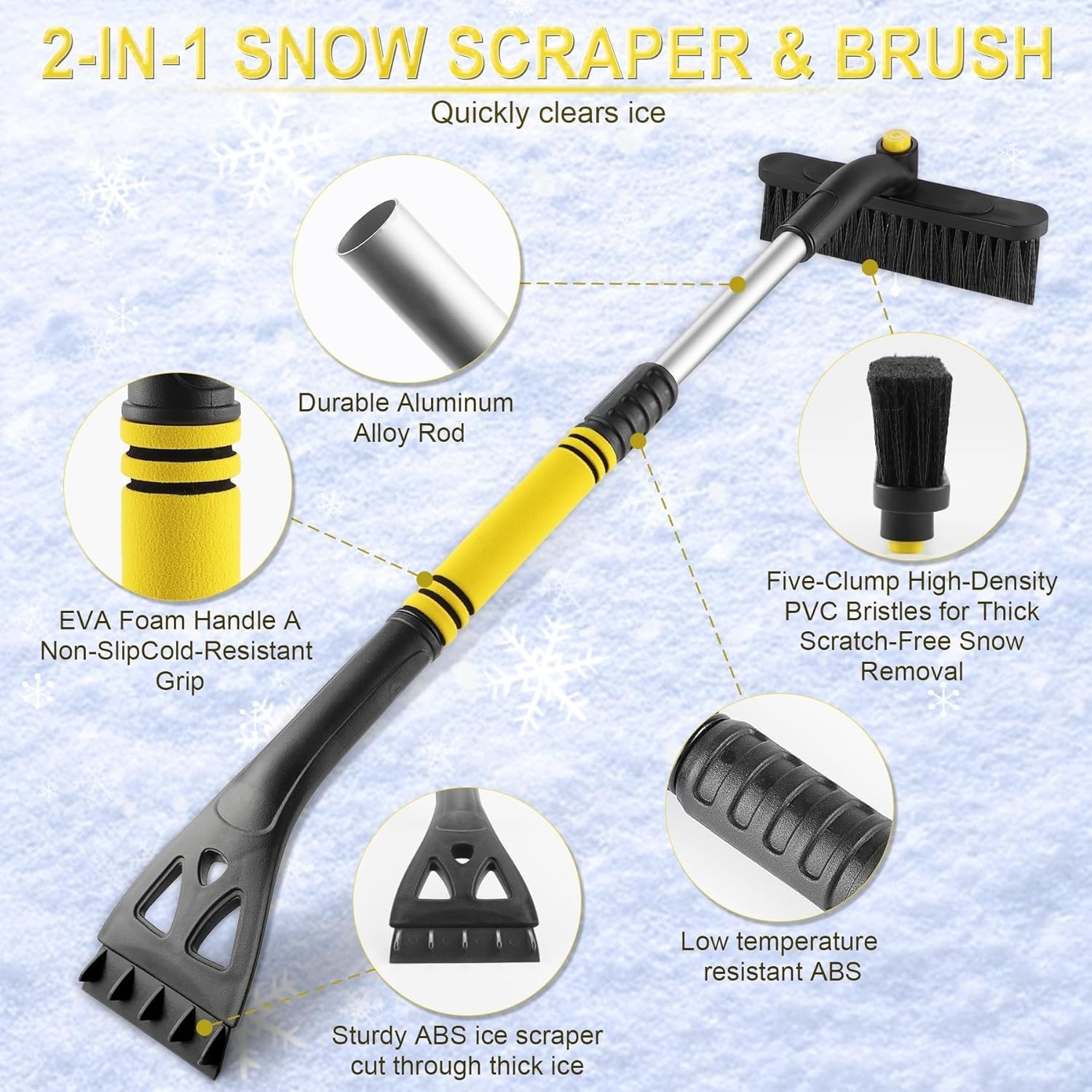 32" Extendable Ice Scraper & Snow Brush for Car Windshield, 360° Rotating Sno...