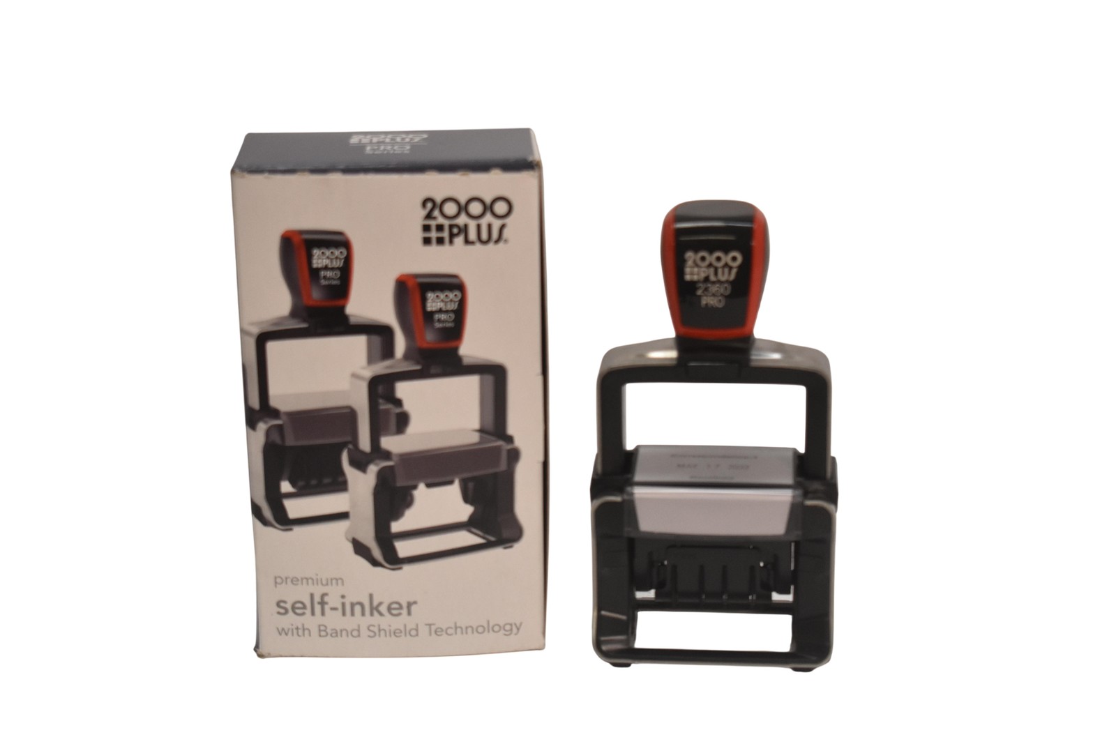 PLUS 2000 Plus Pro Series Self-Inking Date Stamp Band Shield Black Red Office