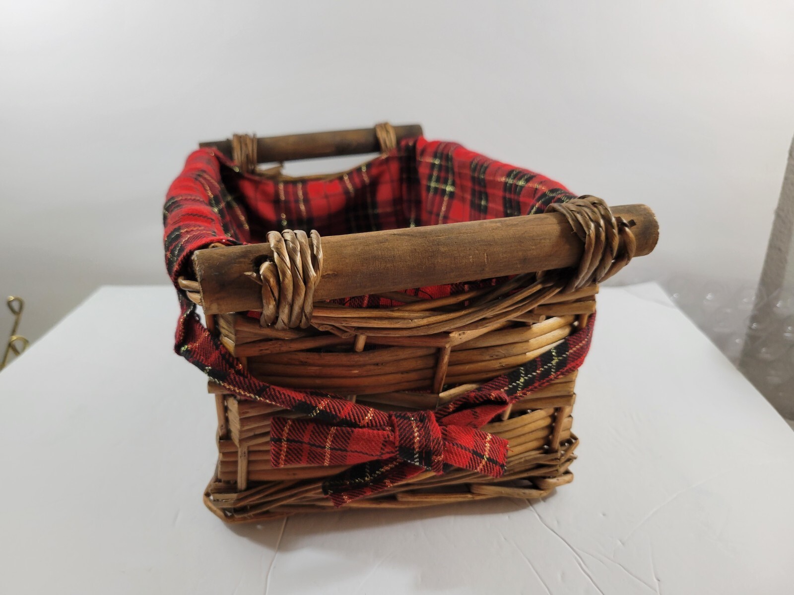 Wicker Basket Red Plaid Liner Rectangle Handles