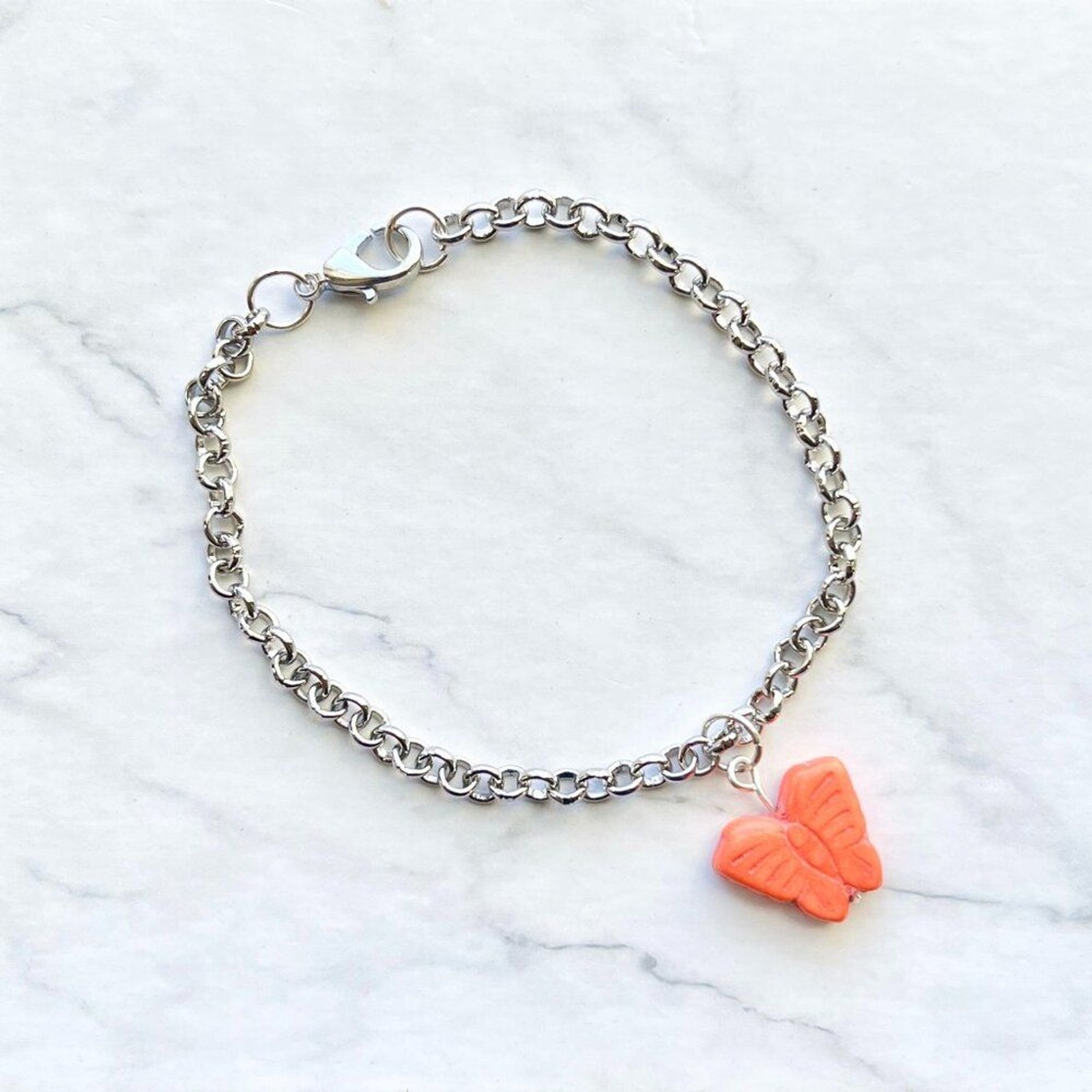 Orange Butterfly Charm Silver Chain Bracelet