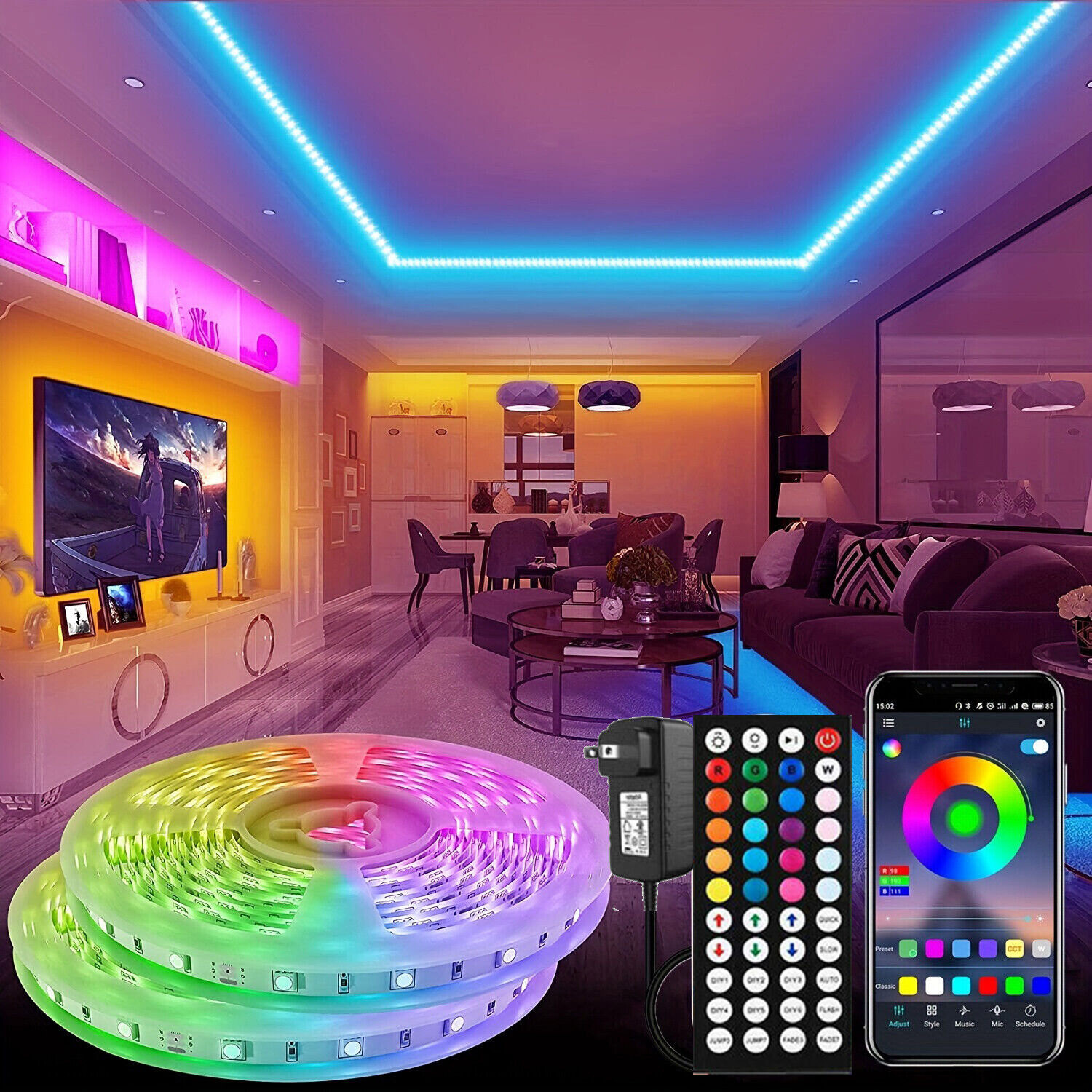100ft LED Strip Lights Bluetooth RGB Color Change Remote For Rooms Bar Xmas 50ft