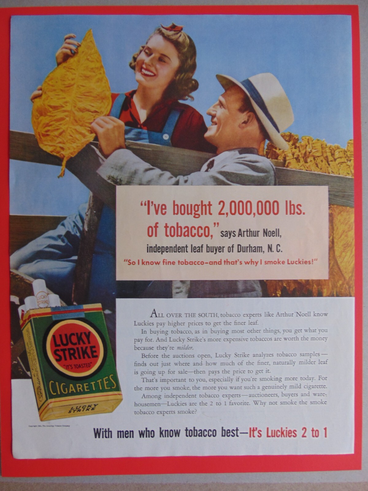 1941 LUCKY STRIKE Couple Examine Tobacco Leaf art print ad