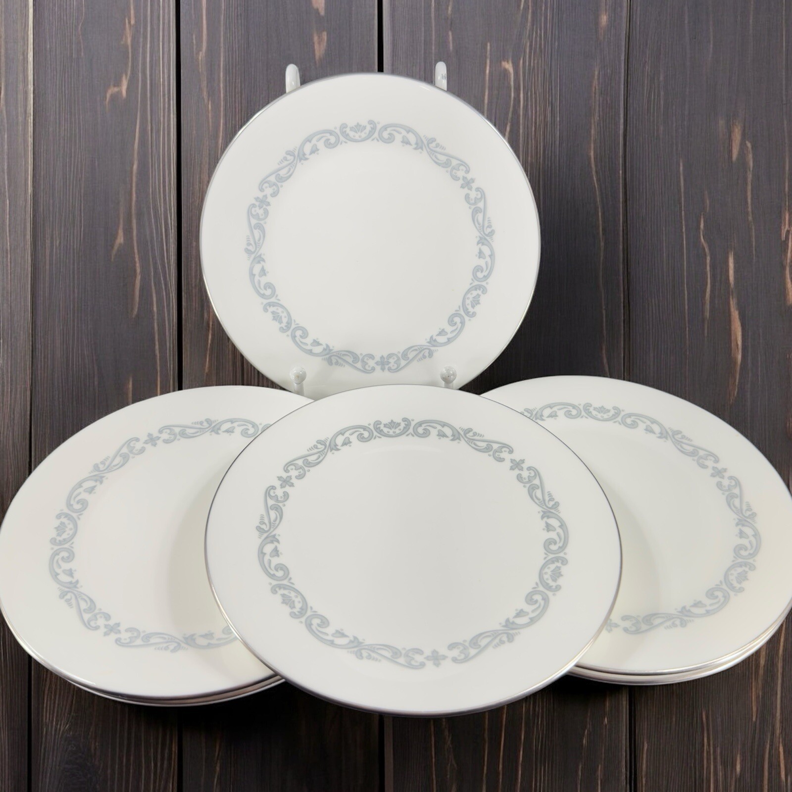 Minton Silver Scroll Pattern Round Porcelain Dish Plate Set 6 Made In England