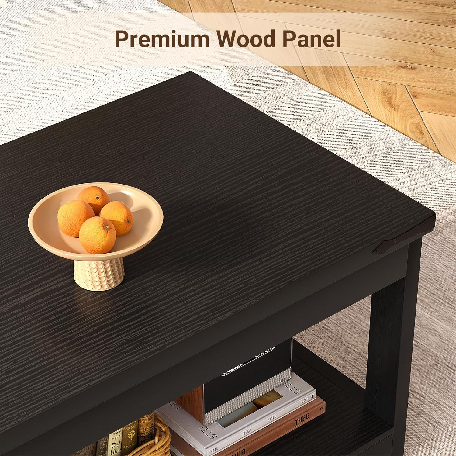 43.3” Farmhouse Coffee Table with Storage Shelf, Black | Rectangular Wood Center