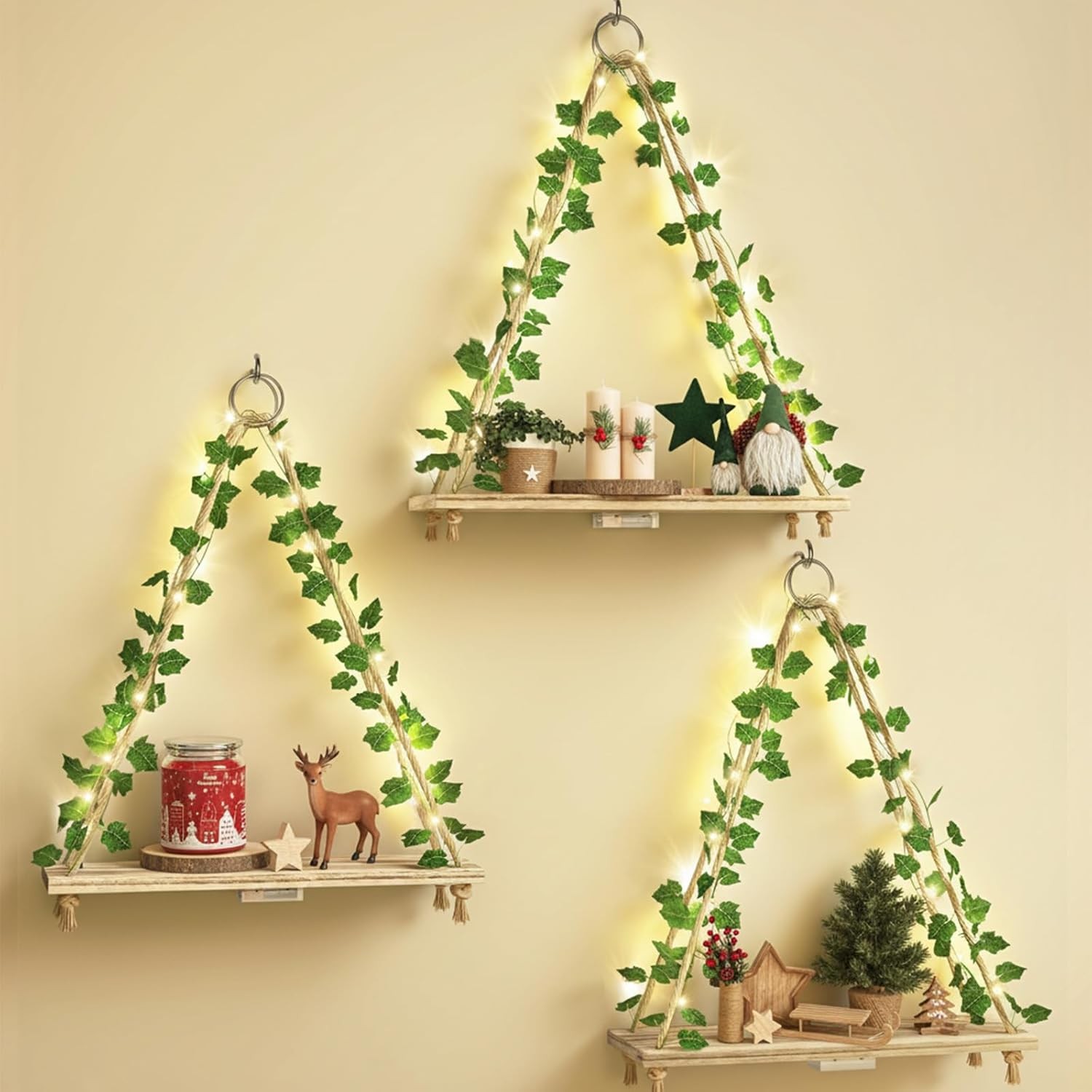 Shelves Set of 3, Macrame Hanging Shelves Plant Wall Decor, Rustic