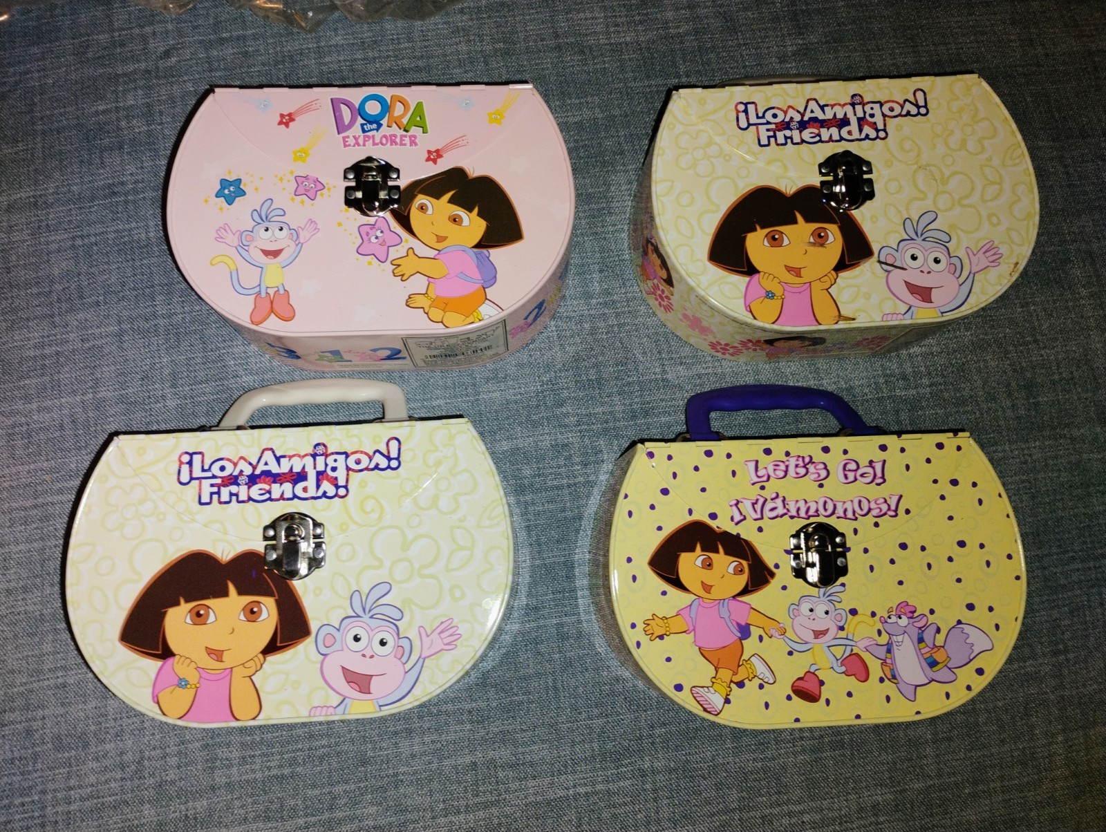 Set of 4 Tin Box Company Dora the Explorer Tin Purse, lunchbox ~7.5" wide 5" tal