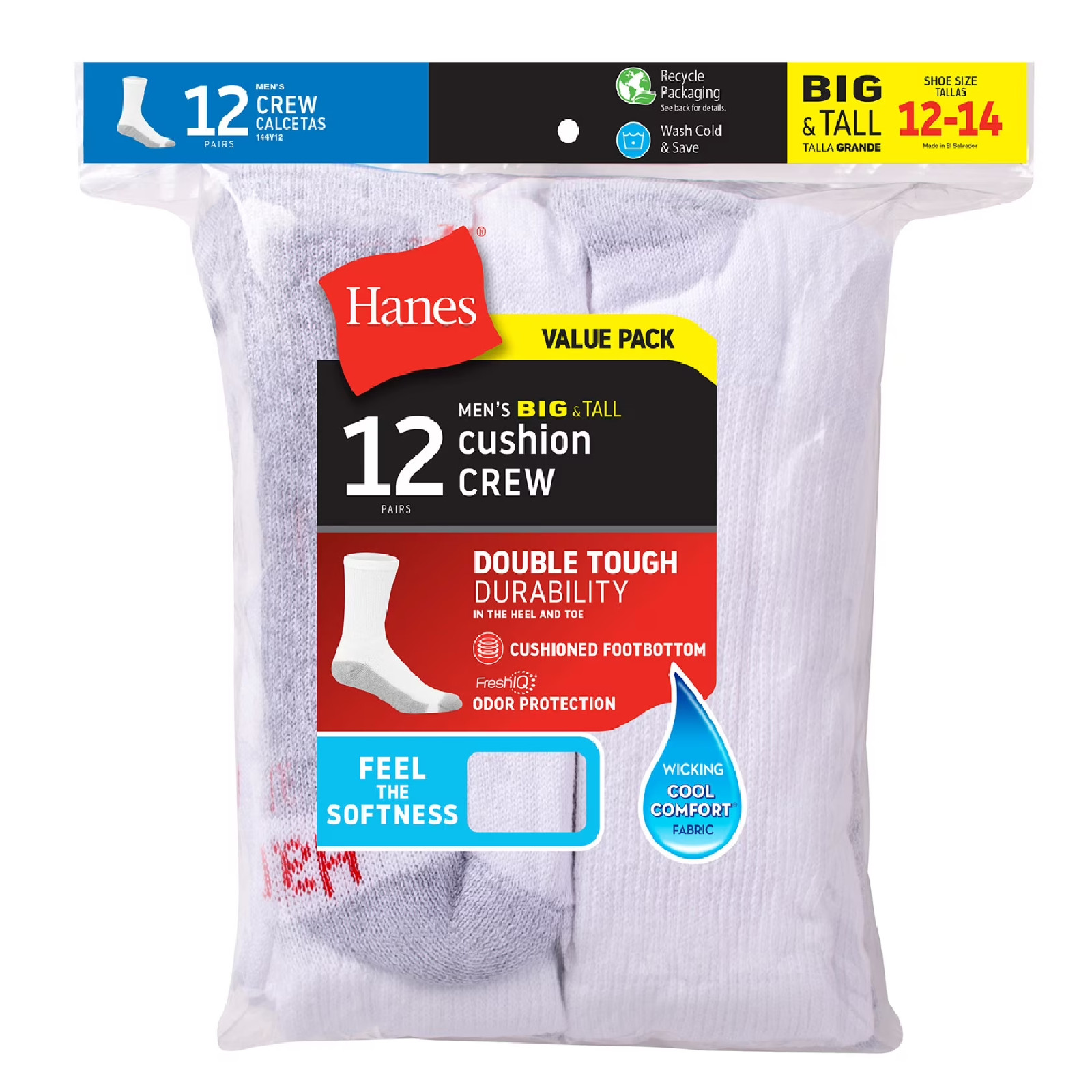 (12-Pair Pack) Hanes Men's Double Tough Crew Socks,(Shoe Size 12-14)Great Price