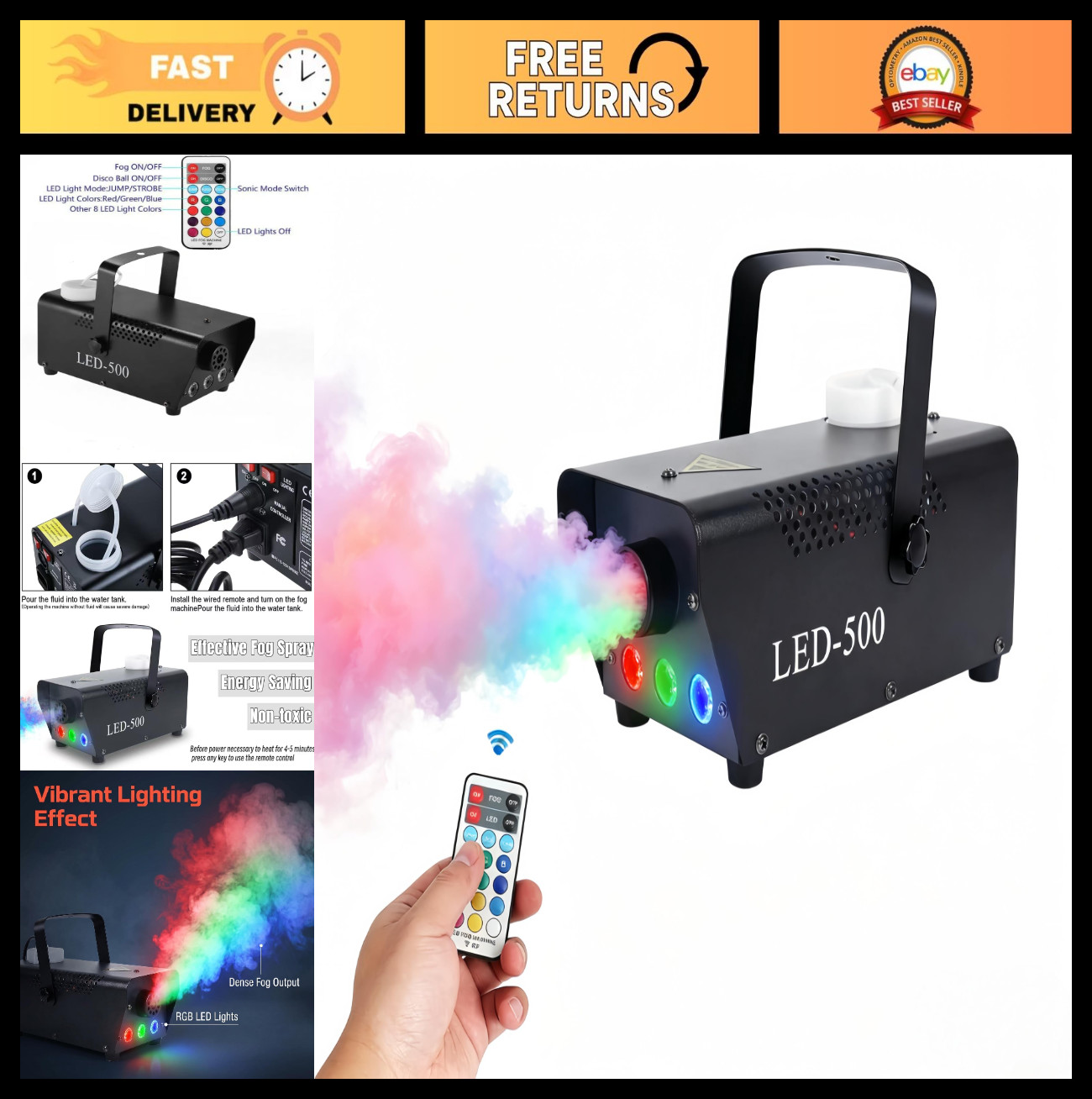 Fog Machine with 13 LED Lights, 500W 2000CFM, Wireless Remote - Perfect for Part