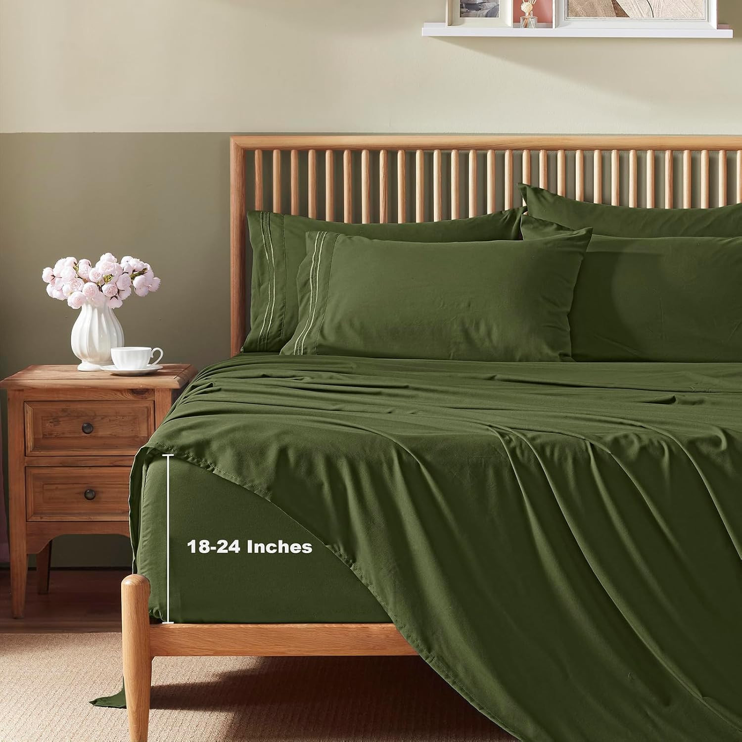 Extra Deep Pocket Full Size Sheets Set, 6 Pieces Soft Olive Green Sheets 18-24 I