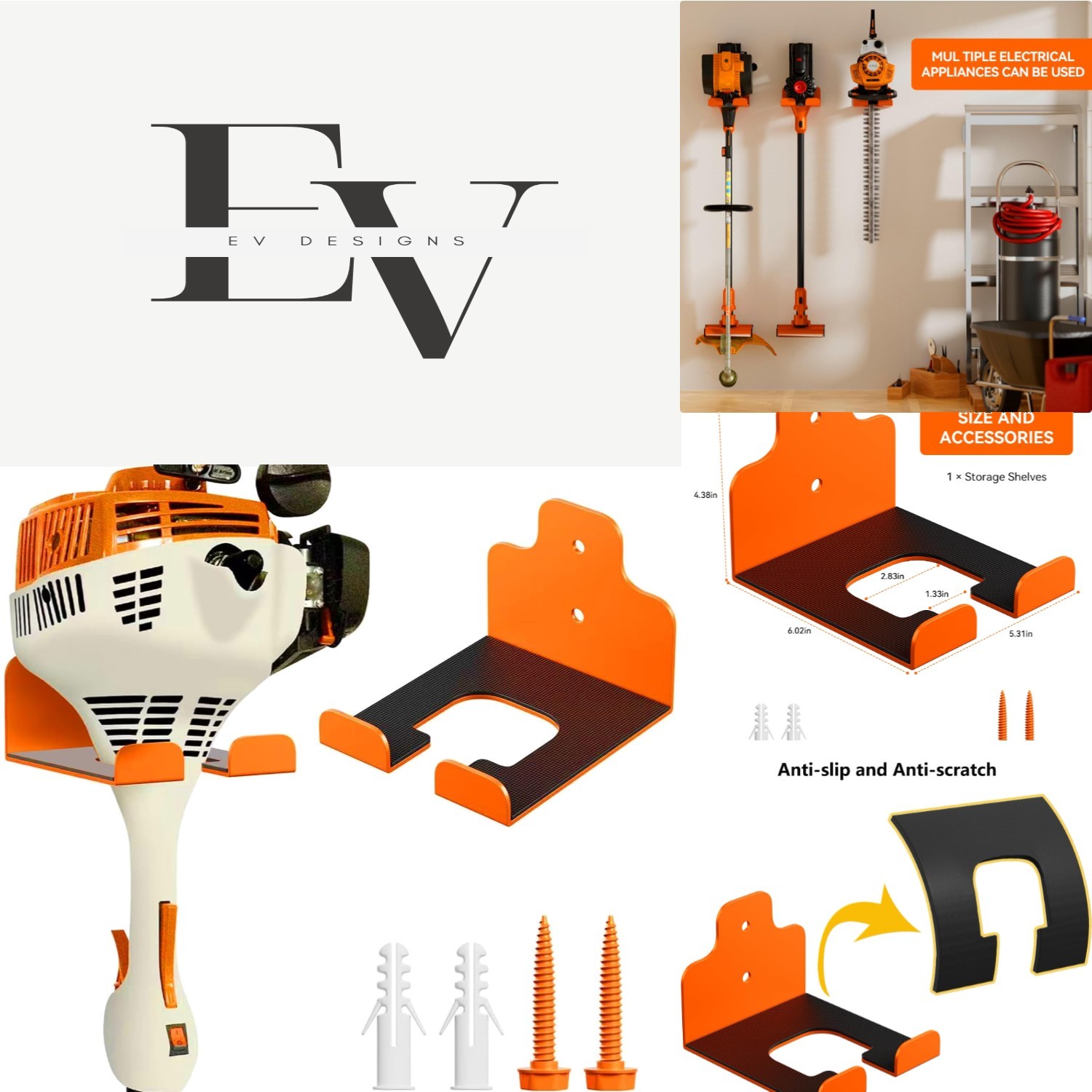 Heavy-Duty Wall-Mounted Garage Organizer Trimmer Rack - Dust Resistant, Orange