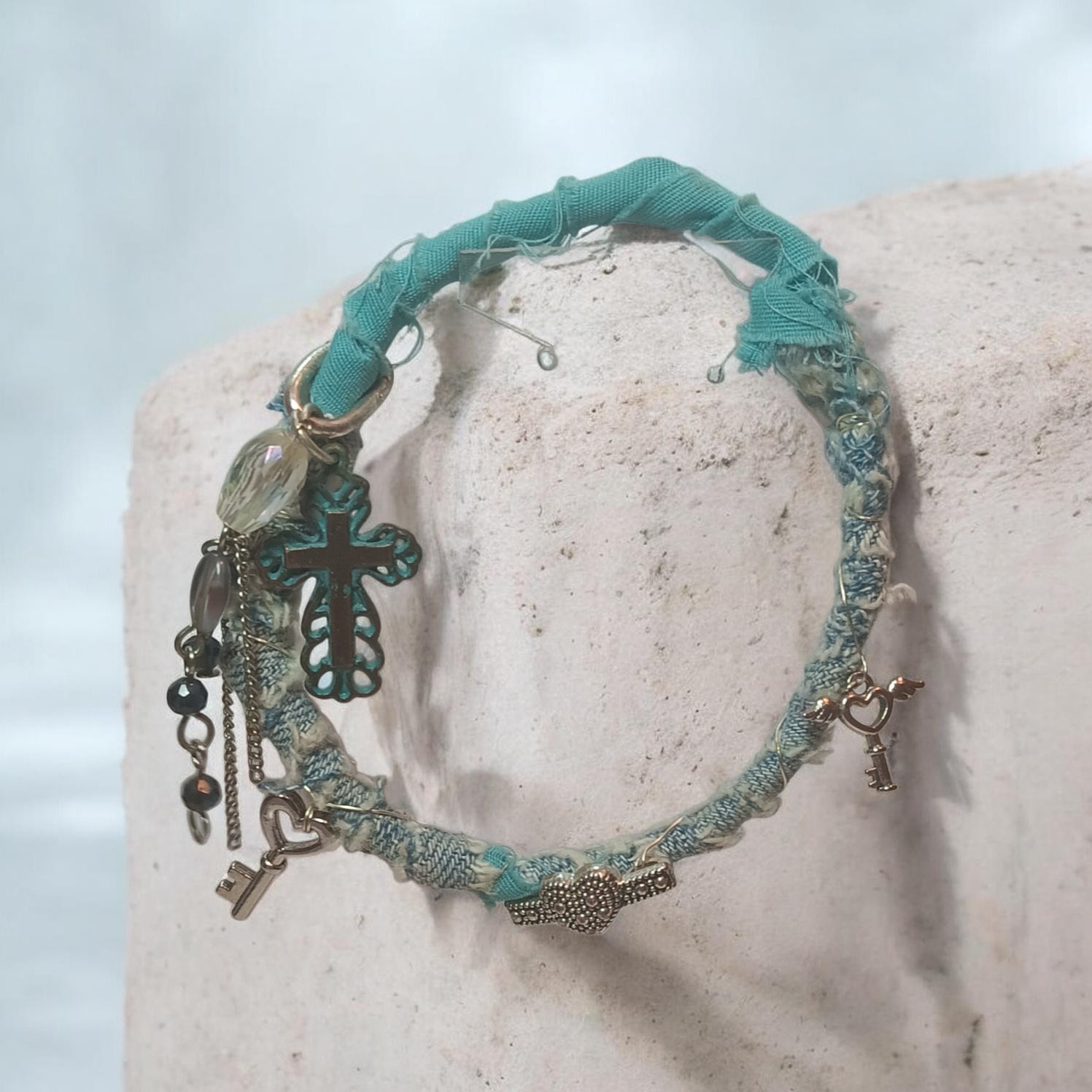 2697 Handmade Blue Fabric Wrapped Charm Bracelet