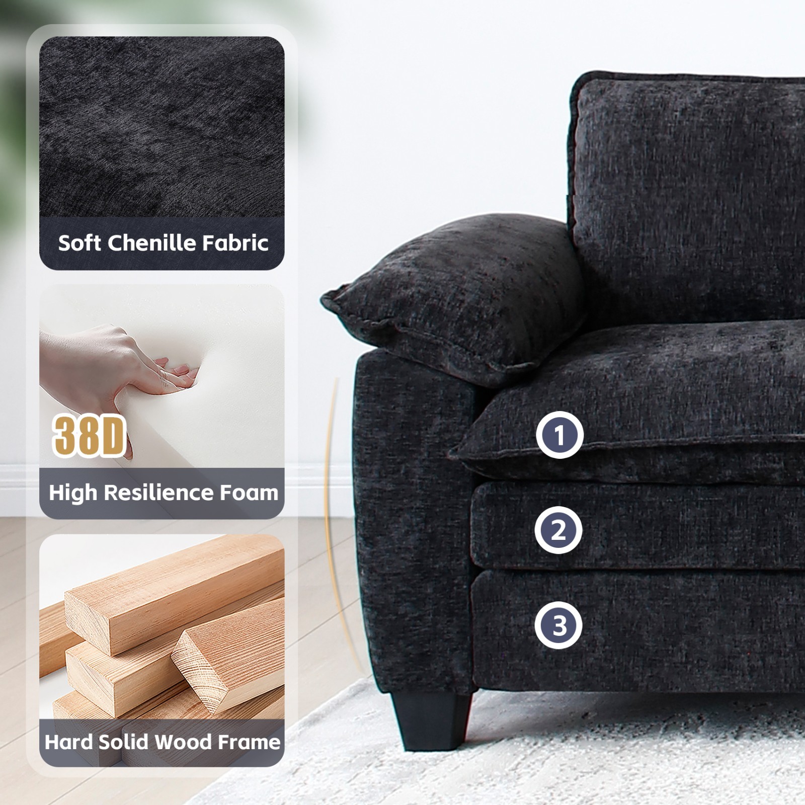 3-Seater L Shape Sectional Sofa Chenille Modular Couch With Movable Ottoman