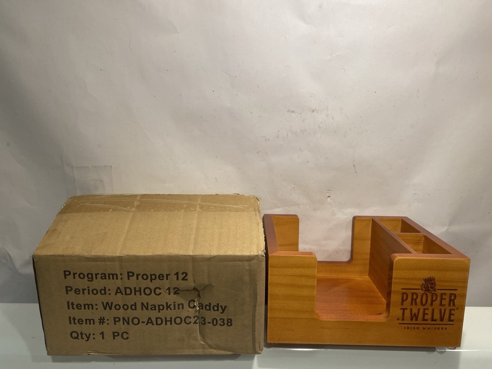 New In Box Proper 12 Irish Whiskey Wooden Napkin Straw Caddy NOS