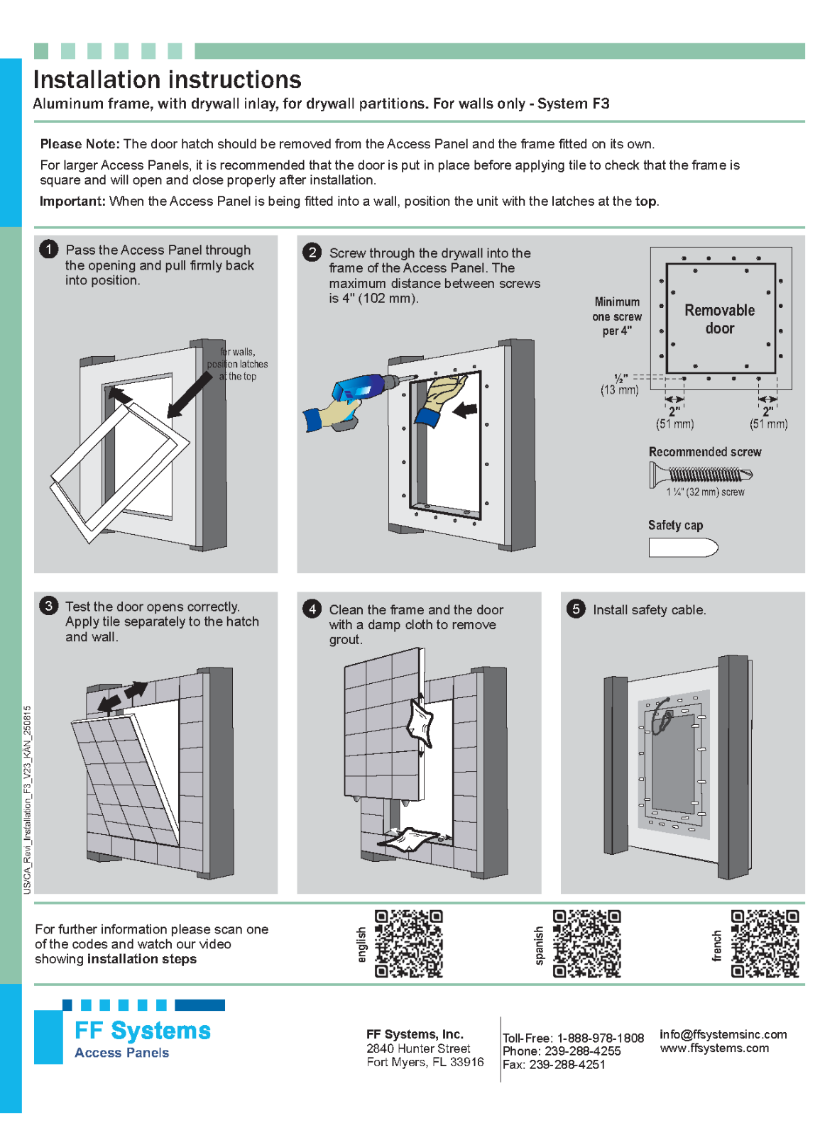 System F3 - Access Panel | Removable | Tile Application (½" Drywall, 12" X 12")