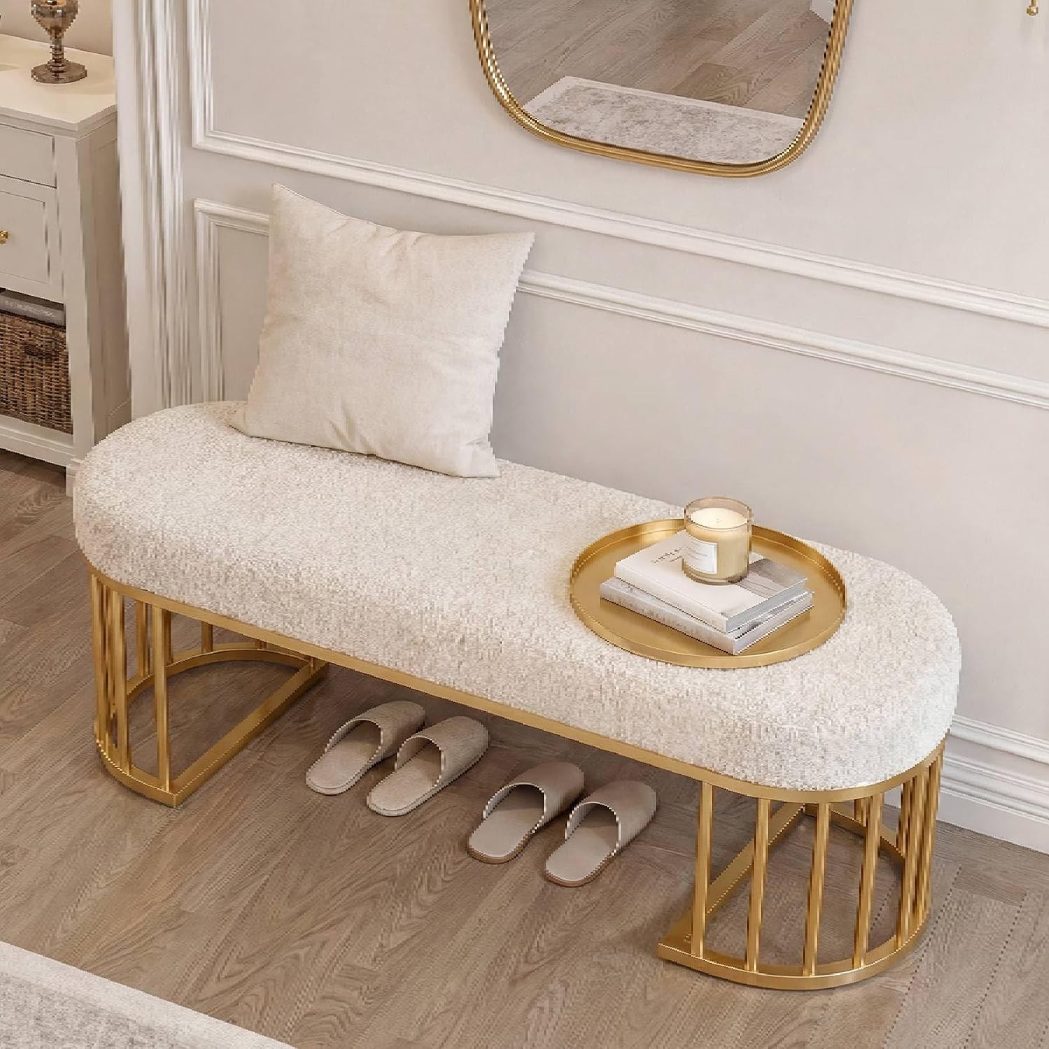 47.24" Upholstered Shoe Bench, Modern Entryway Bench with Cushion & Metal Frame