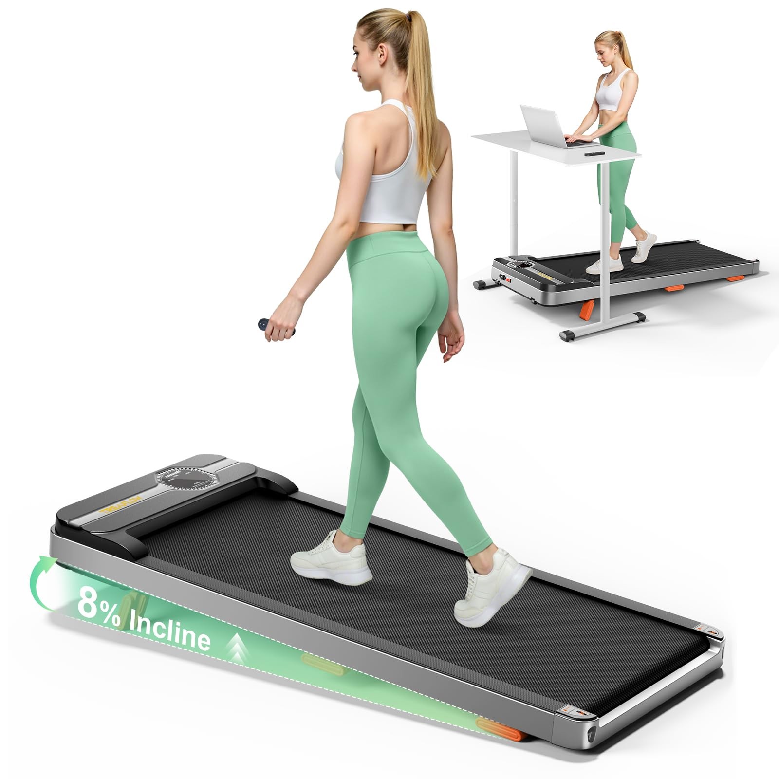 Walking Pad Portable Under Desk Treadmill with Incline 2.5HP for Home Office ...