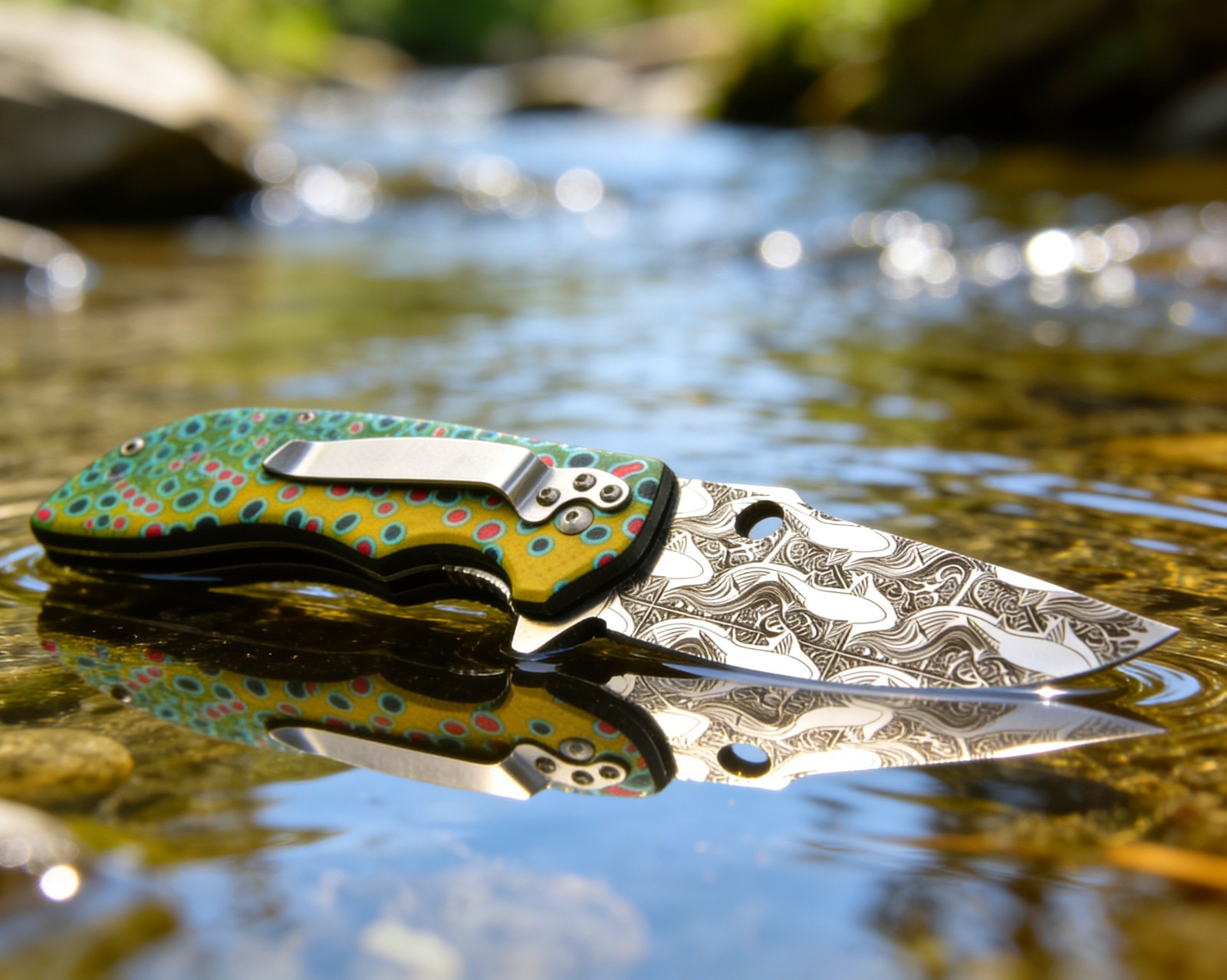 Graywolf TroutBack Folding - Pocket Knife - Damascus‑Etched Trout Edition Blade