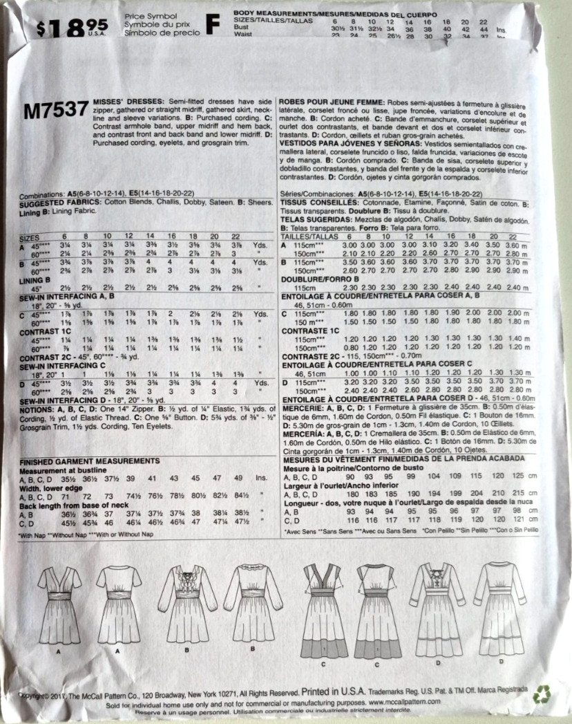 MCCALLS PATTERN 7537 DRESSES MISSES SIZES 14 16 18 20 22 UNCUT FF