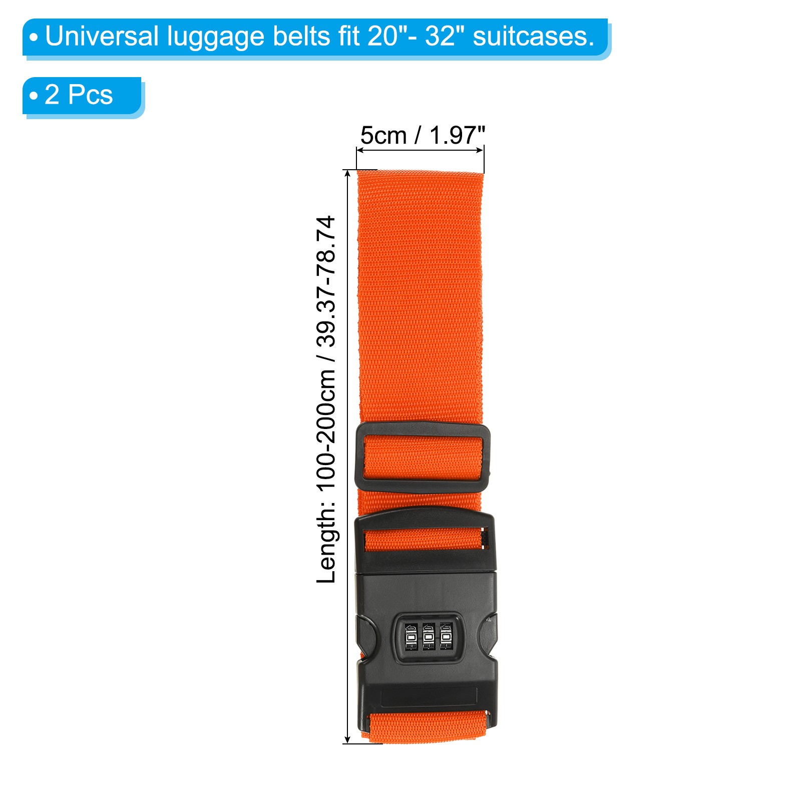 2Pcs Luggage Straps with Combination Lock TSA Approved Orange