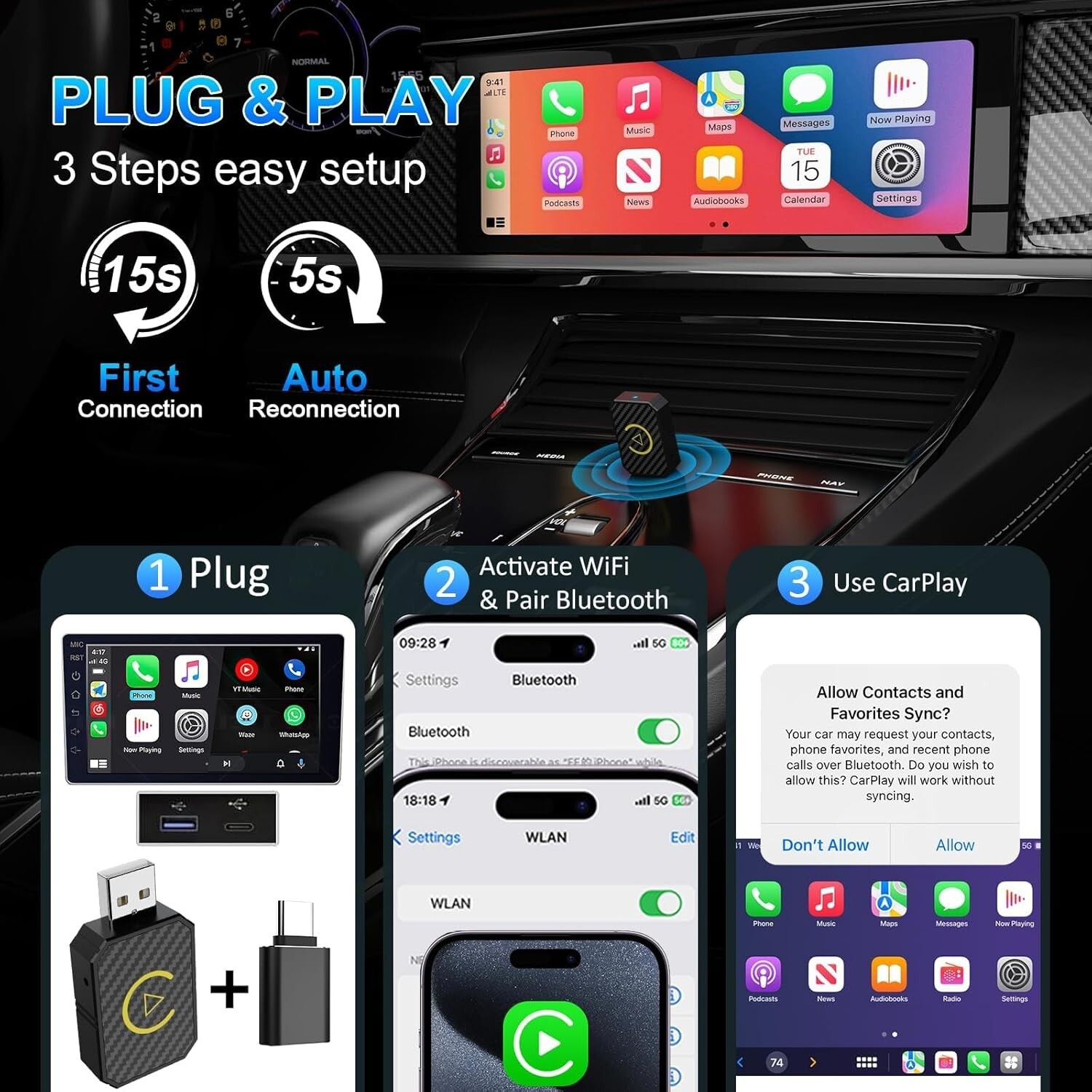 USB Wireless CarPlay Adapter For iPhone Apple Wireless Carplay Dongle Plug &Play