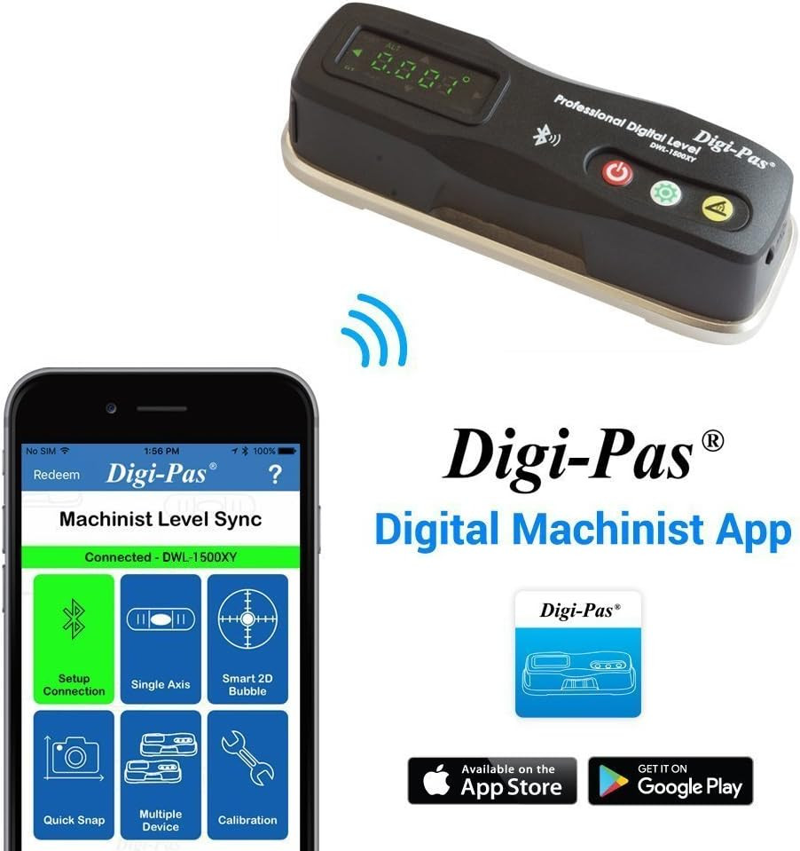 Bluetooth 2-Axis Precision Level DWL1500XY - 0.0002"/Ft Accuracy, Black