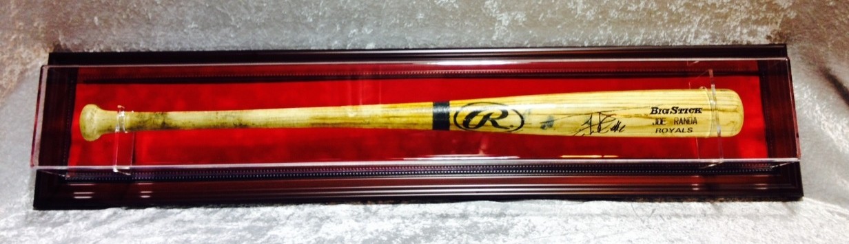 Premium Wall Mount Baseball Bat Display Case, Mahogany frame with Red background