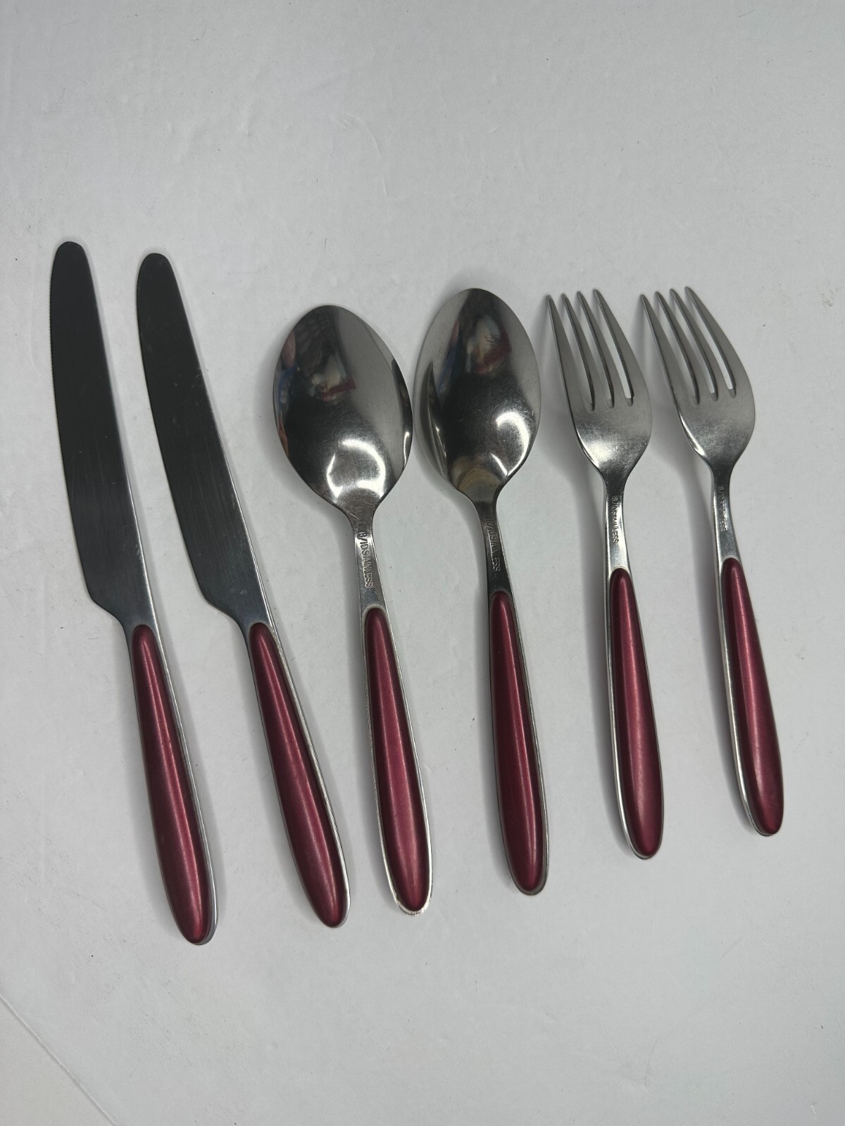 Red handle Stainless Flatware Replacement 6 Pc Pearlized Burgundy Resin