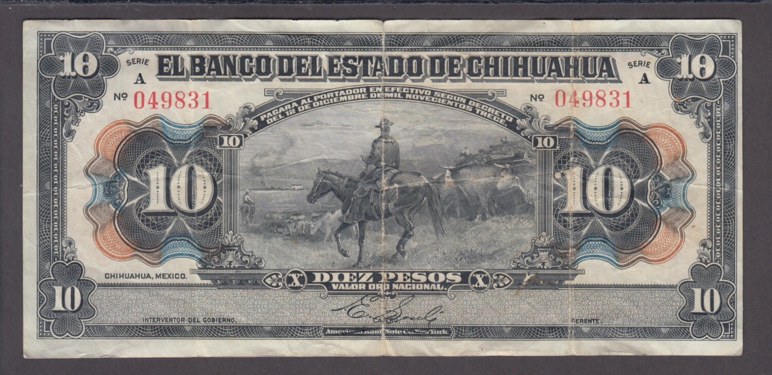 MEXICO CHIHUAHUA P.S.133-9831  10 PESOS 1913  F  TEAR AT CTR TOP WE COMBINE 2405