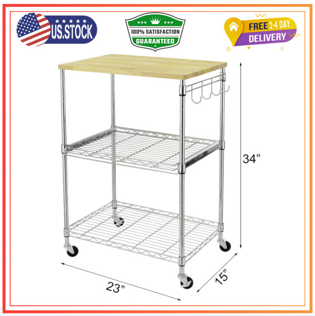 3-Tier Rolling Kitchen Cart, Microwave Cart with Oak Wood Tabletop and Drawer