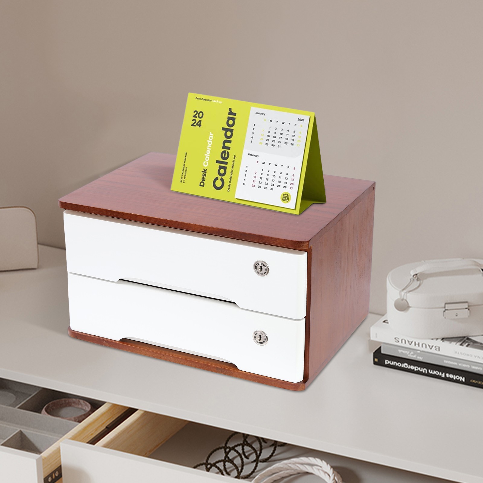 2-Tier Wooden Desktop Storage Box Tung Wood Storage Box with Lockable Drawers