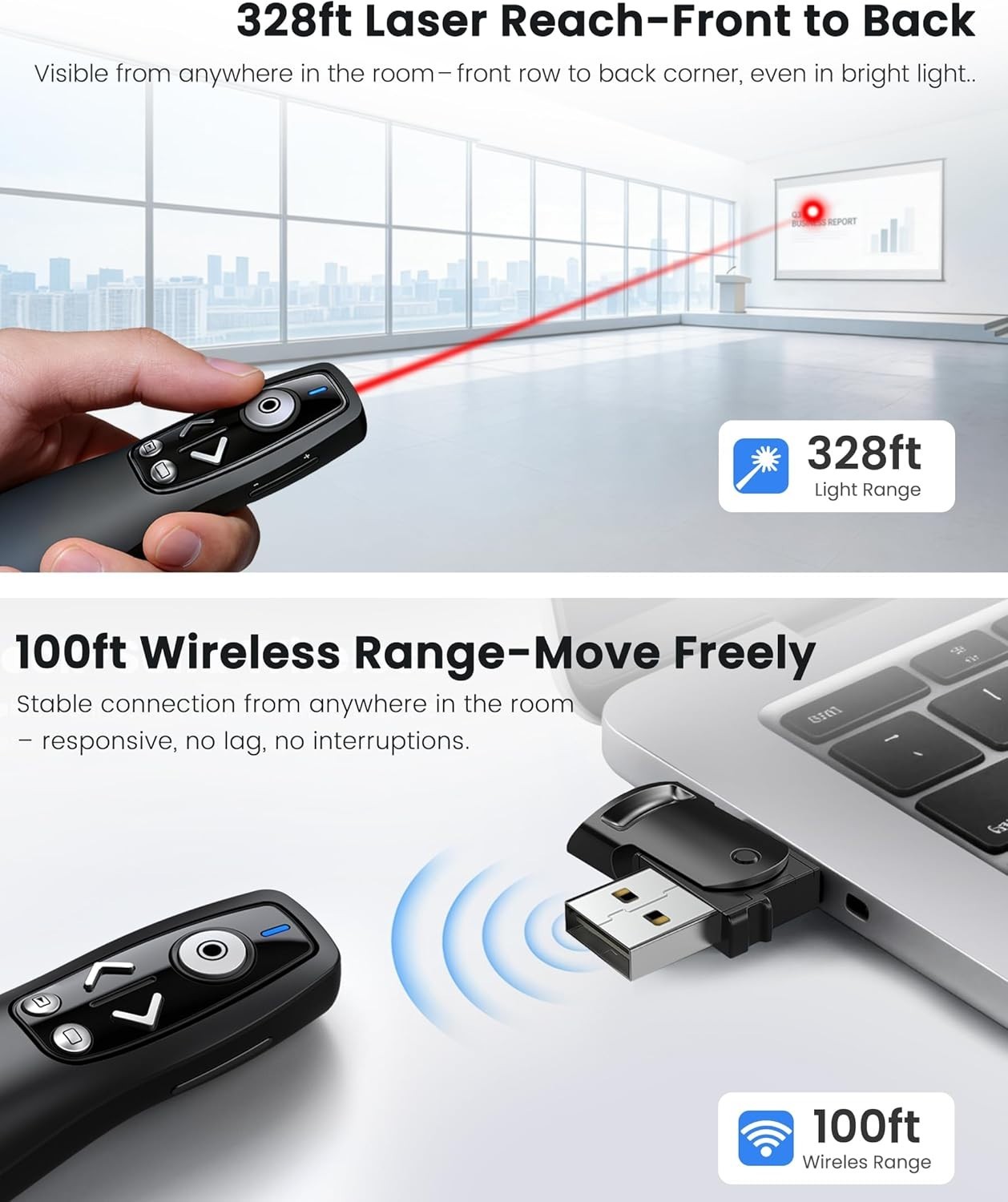 Plug & Play 2.4GHz Presentation Clicker with Volume Control & Red Light Pointer