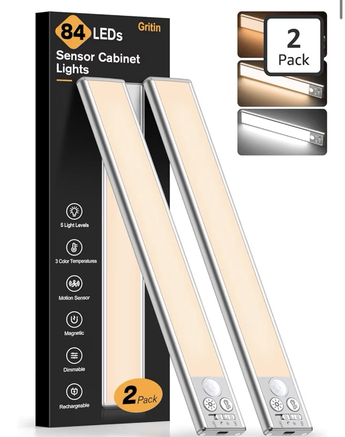 Gritin 10.2inch Under Cabinet Lighting Rechargeable 2 Pack- 3 Color Temps&5 Leve