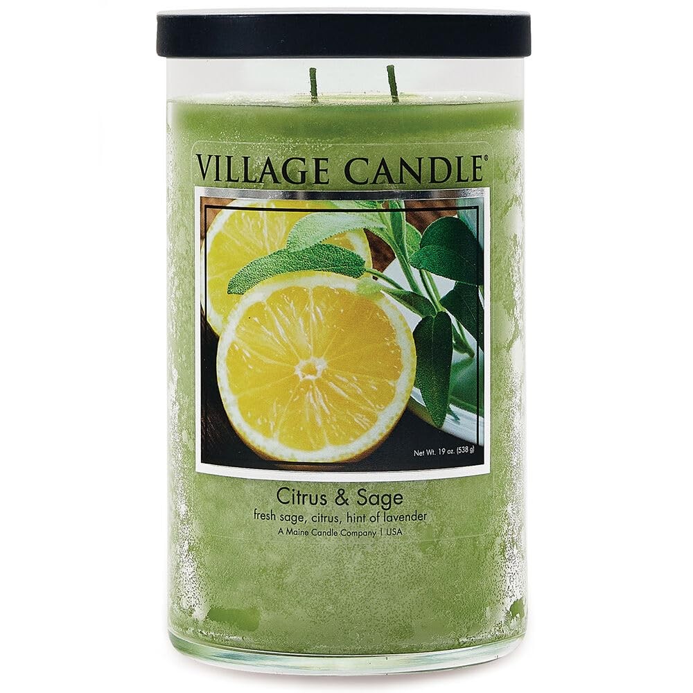 Village Candle Citrus & Sage Large Tumbler Glass Jar, Scented 19oz, Green