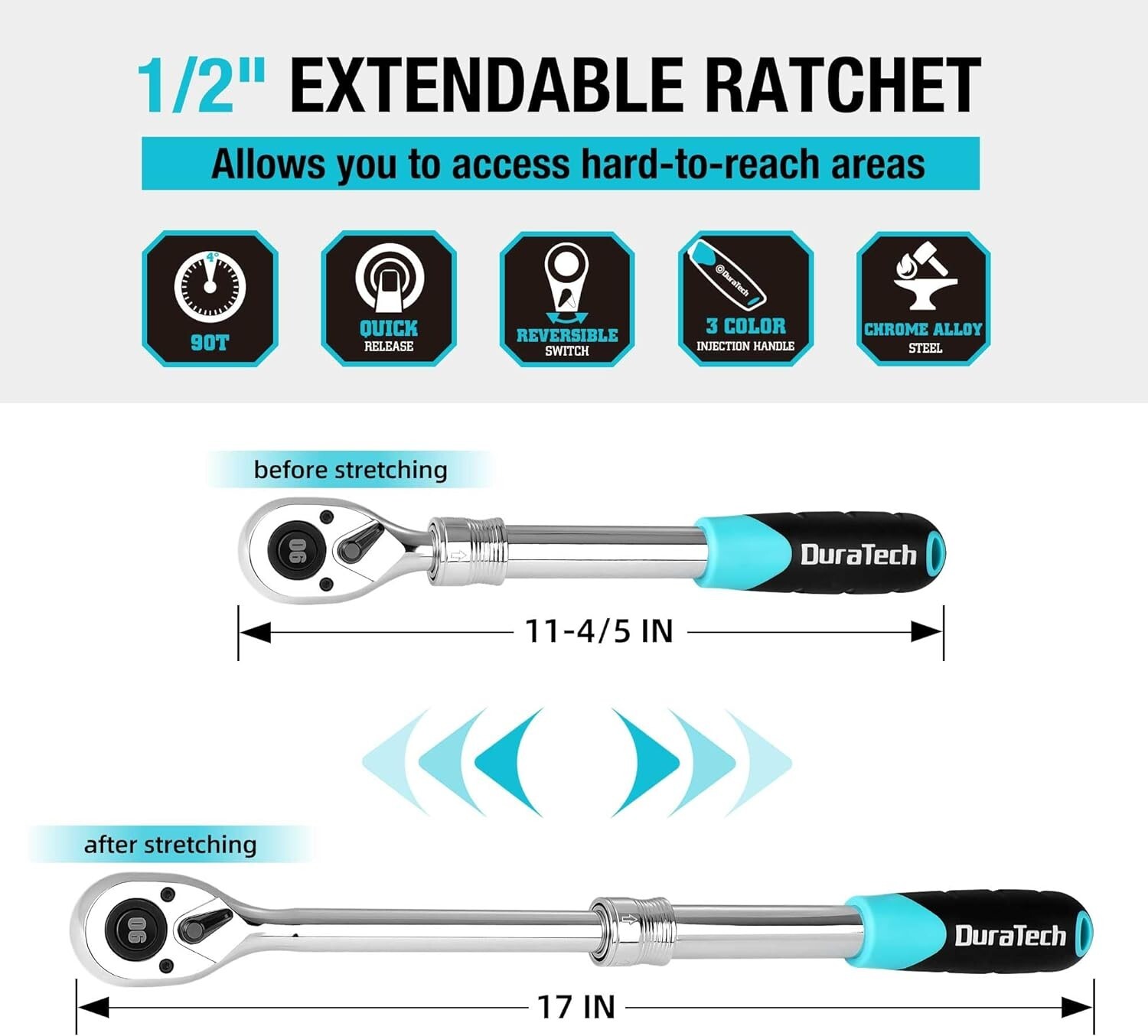 DURATECH Extendable Ratchet 90-Tooth Reversible Quick-release Ratchet Wrench NEW