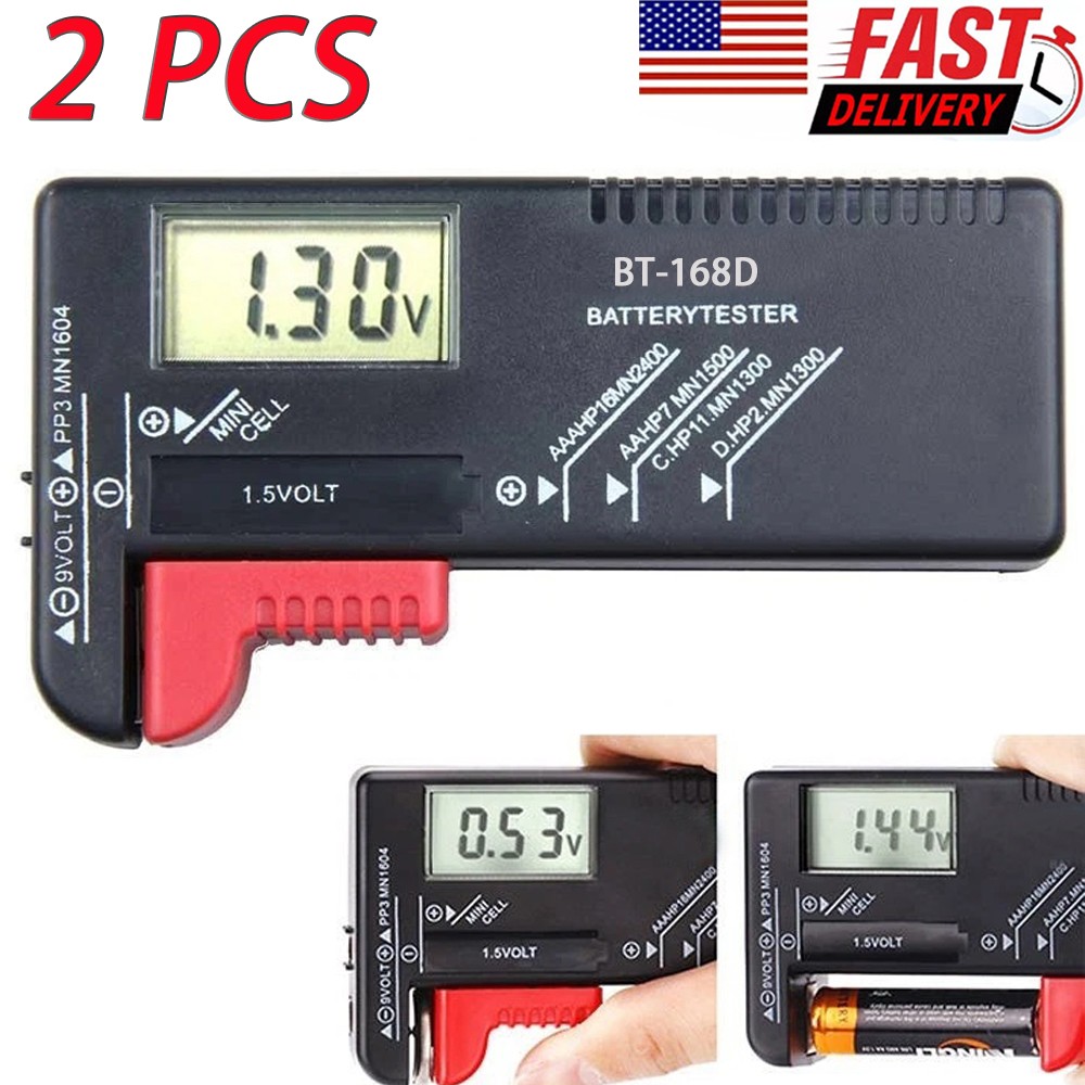 2Pc Battery Tester Digital Voltage Checker for AAA/AA/C/D/9V Batteries Universal