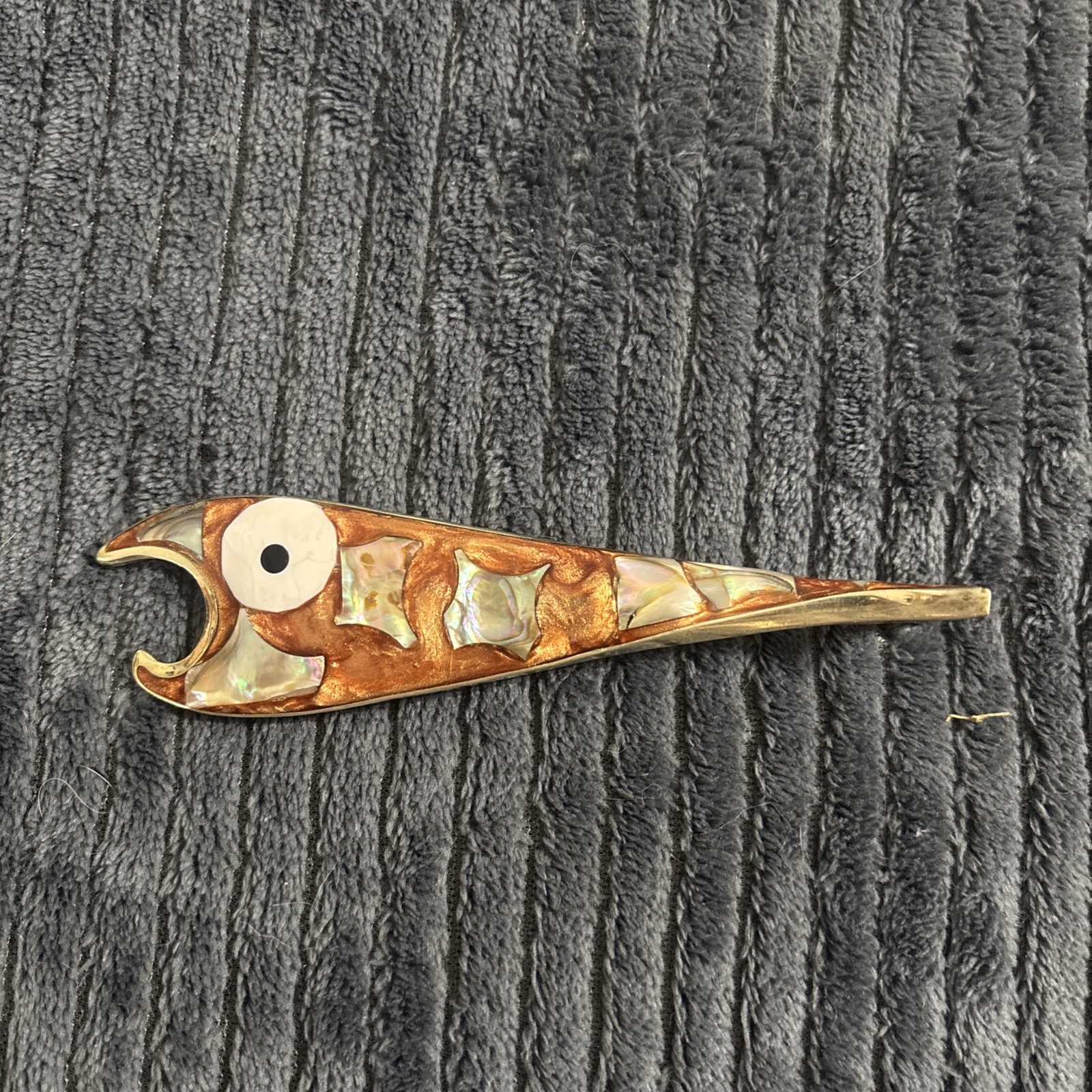 Vintage Abalone Mother Of Pearl Shell Inlaid Fish Bottle Opener