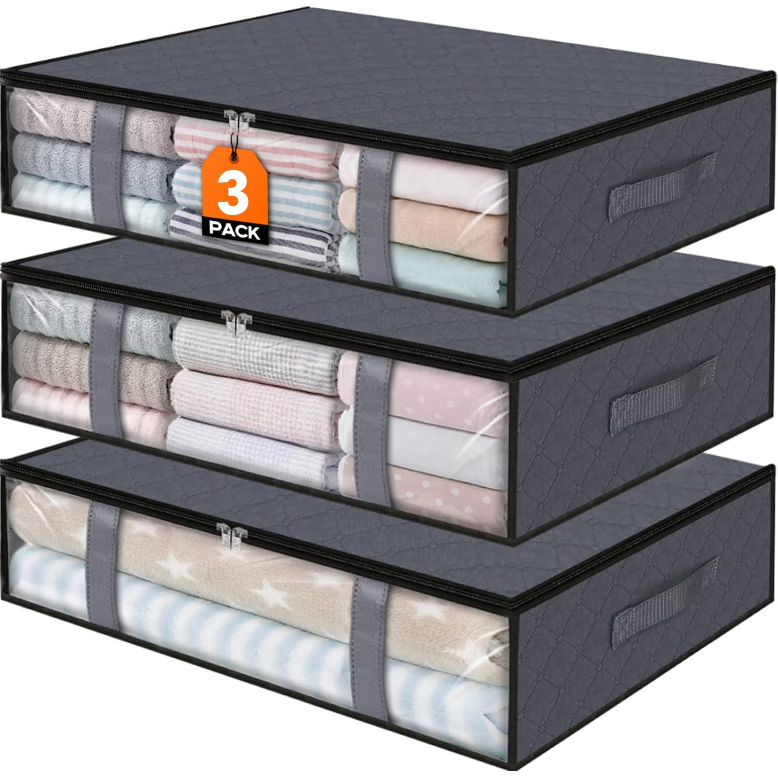 StorageRight Under Bed Storage Bins, 3-Pack 40L Foldable Fabric 3 Pack, Gray
