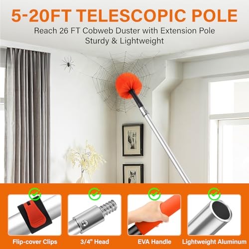 Cobweb Duster with 5-20FT Extension Pole | Spider Web Brush for Outdoor &