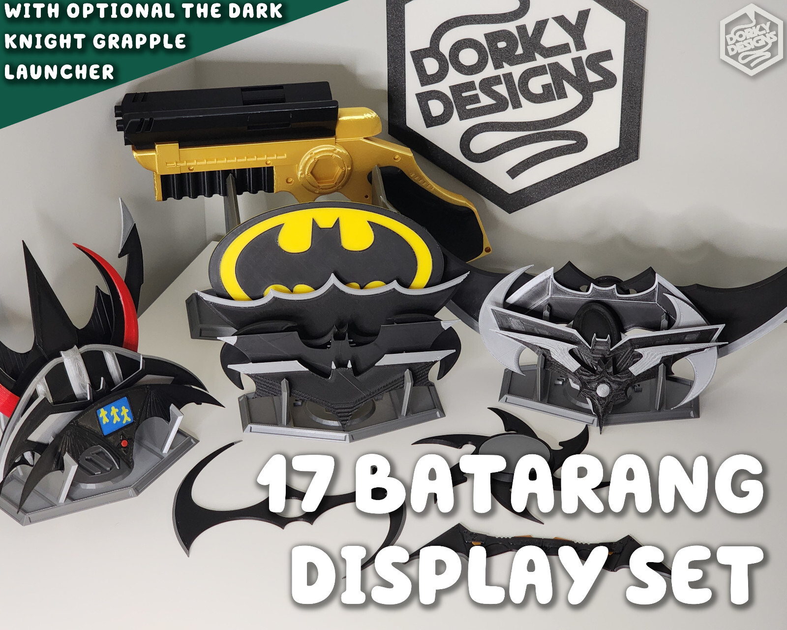 17 Batarang set with Wayne Tech Display Stands and The Batman Grapnel Launcher