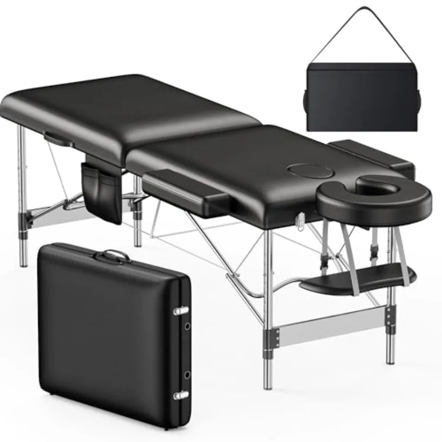 Massage Table Portable 2-Fold Lash Bed with Side Pocket Adjustable Height Sturdy
