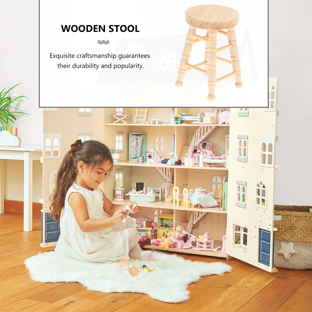 4PCS Wooden Stools Photo Props Kids Playthings Dollhouse Supplies (Khaki)