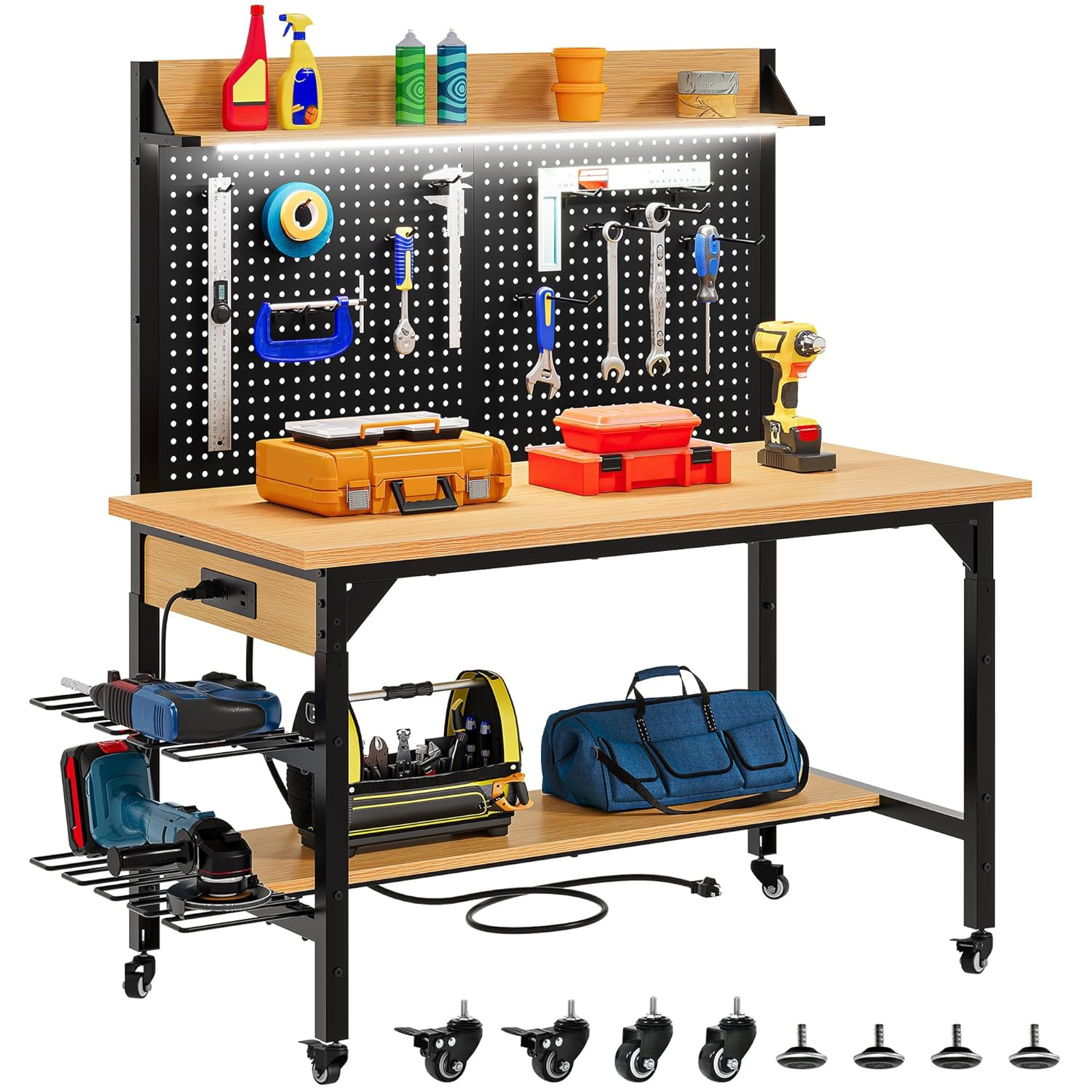 47.2" Adjustable Height Workbench with Pegboard and Storage Shelf, Heavy Duty Wo