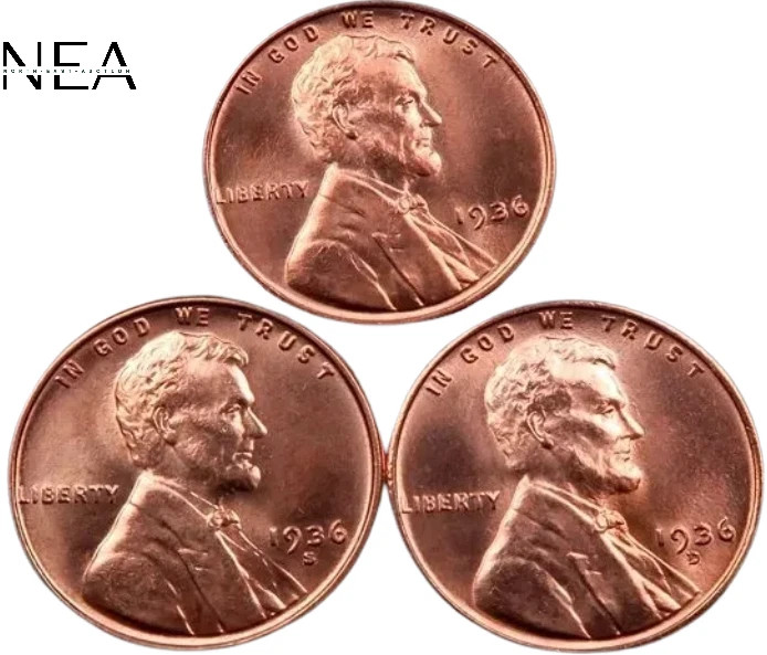 1936+1936-D+1936-S Lincoln Wheat Penny Cent Set/Lot ~ Gem BU (red) ~ 3 Coins