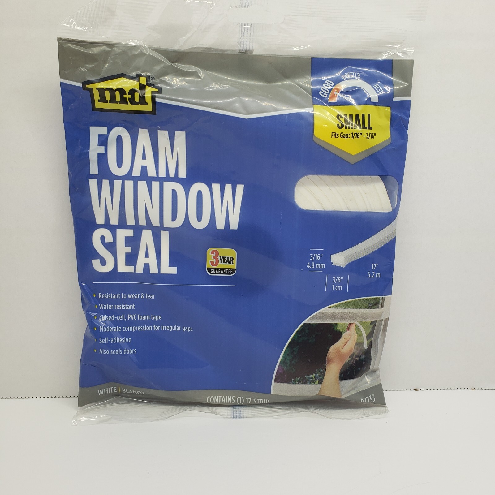 M-D Foam Window  Seal WHITE Small Gaps 3/16" x 3/8" x 17'  PVC tape #02733