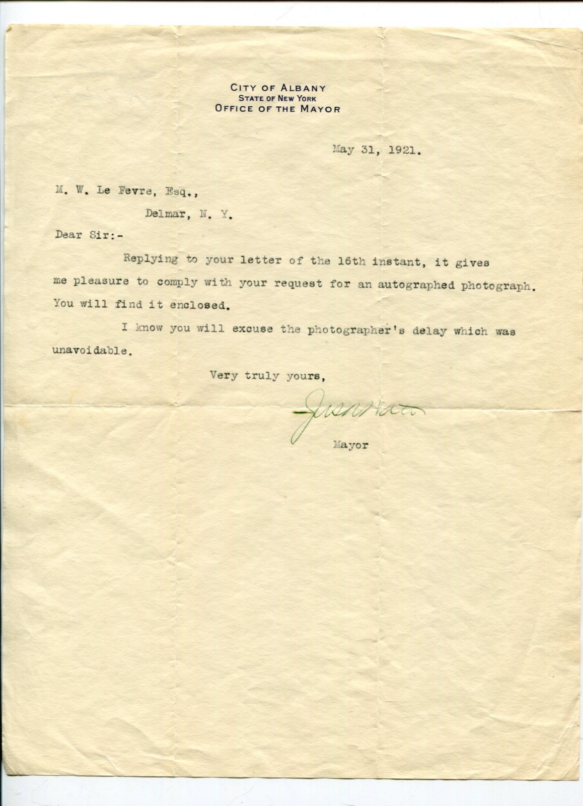 James R Watts Mayor Albany New York NY 1921 Signed Autograph TSL